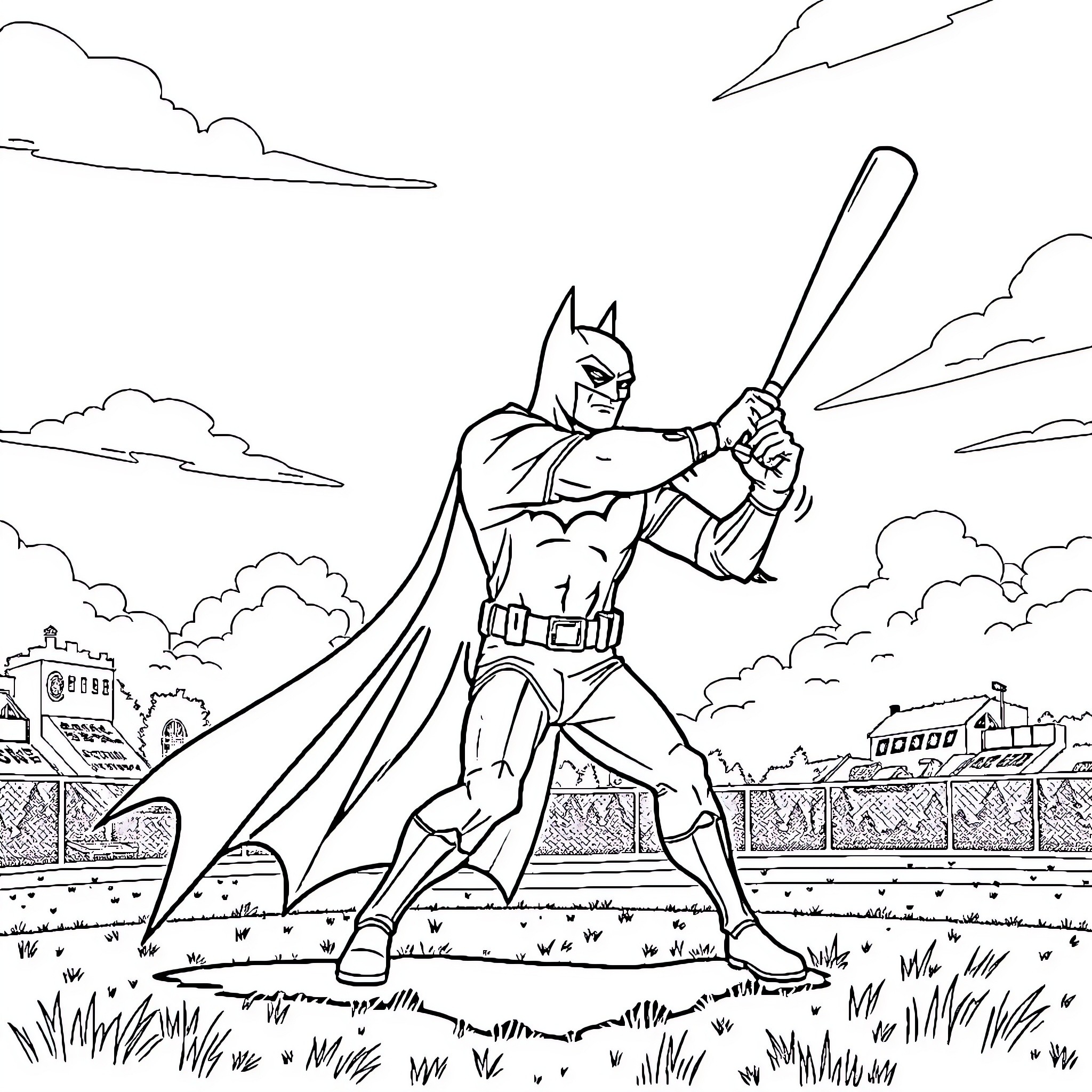 Batman in Action Stance with Bat Symbol Coloring Page (free black-and-white line drawing printable PDF for all, from beginners to advanced learners, including children, teens, adults, and seniors)