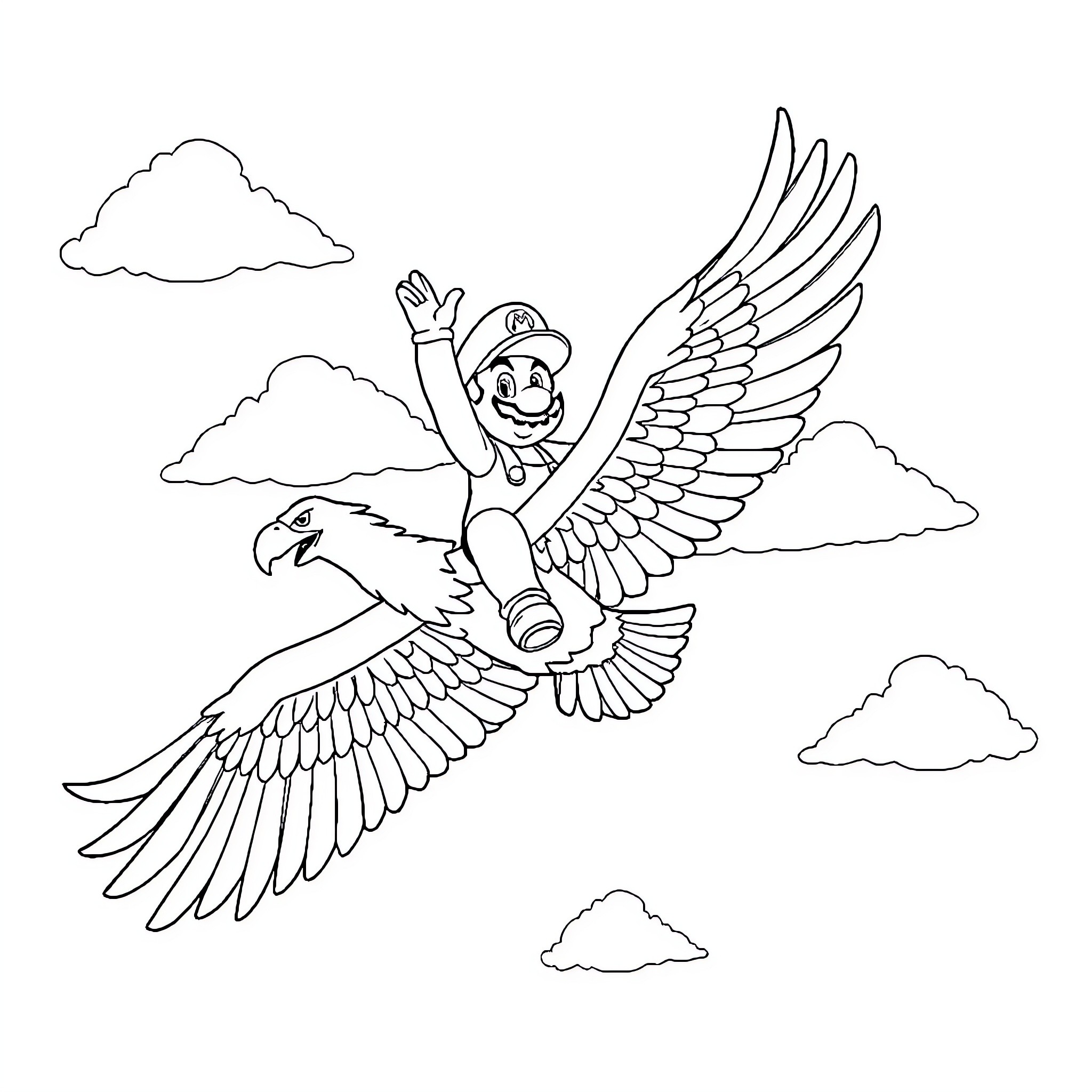 Mario flying happily on a winged creature Coloring Page (free black-and-white line drawing printable PDF for all, from beginners to advanced learners, including children, teens, adults, and seniors)