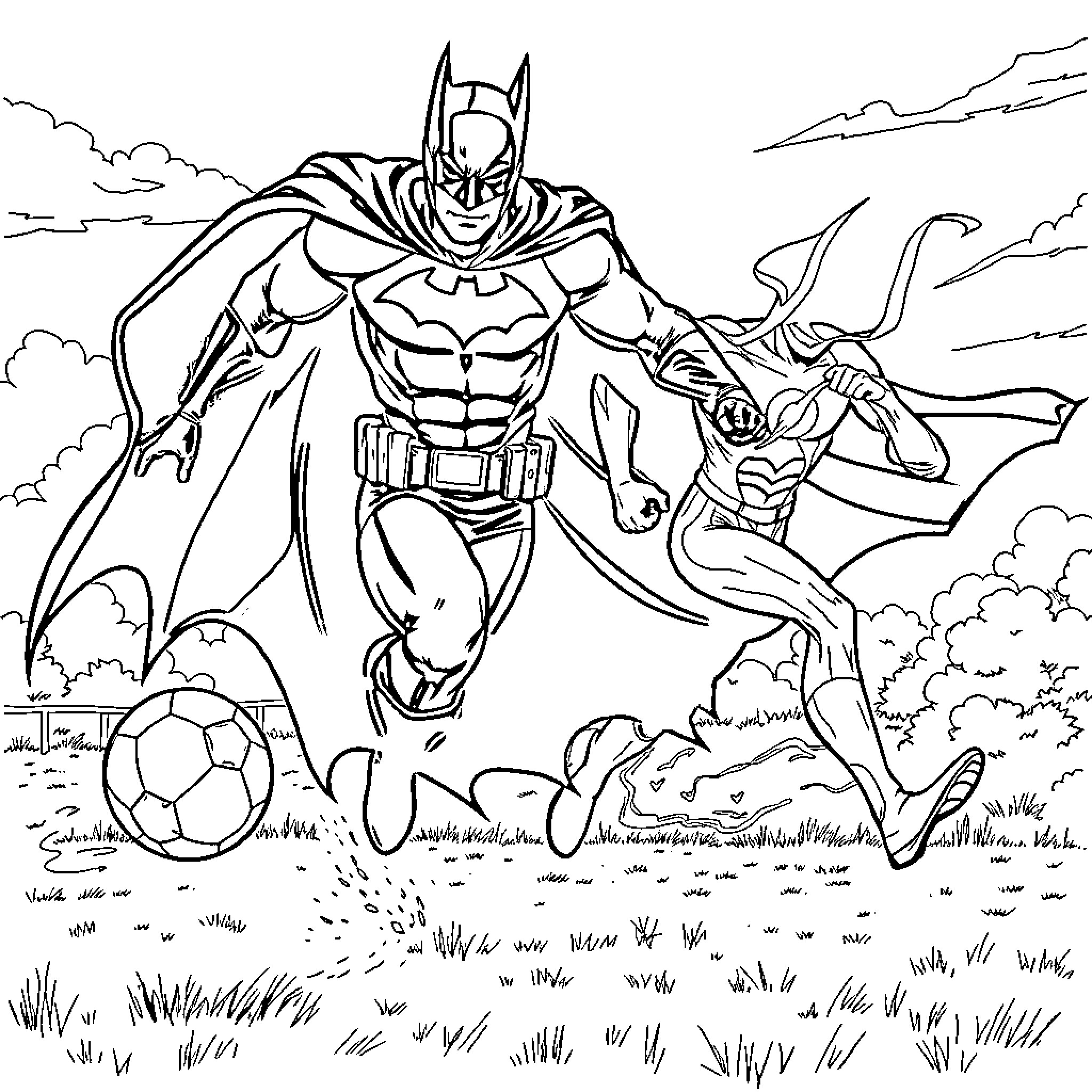 Batman and Robin take action in the field Coloring Page (free black-and-white line drawing printable PDF for all, from beginners to advanced learners, including children, teens, adults, and seniors)