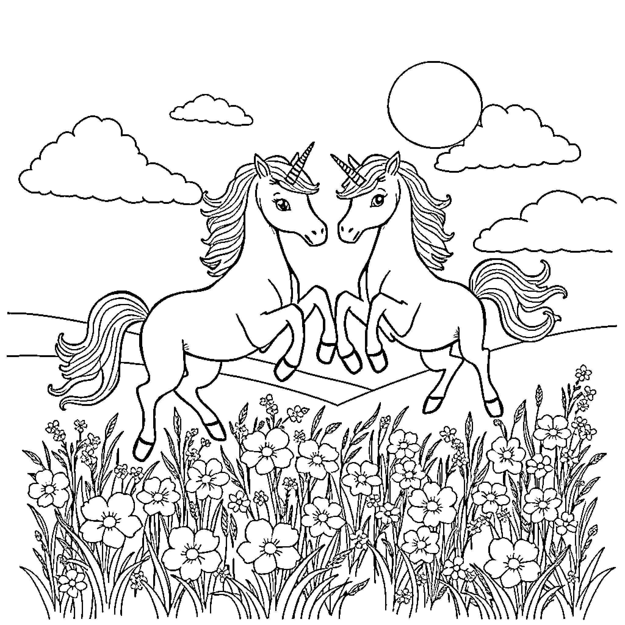 Unicorn companions sharing a magical moment in a flowery meadow Coloring Page (free black-and-white line drawing printable PDF for all, from beginners to advanced learners, including children, teens, adults, and seniors)