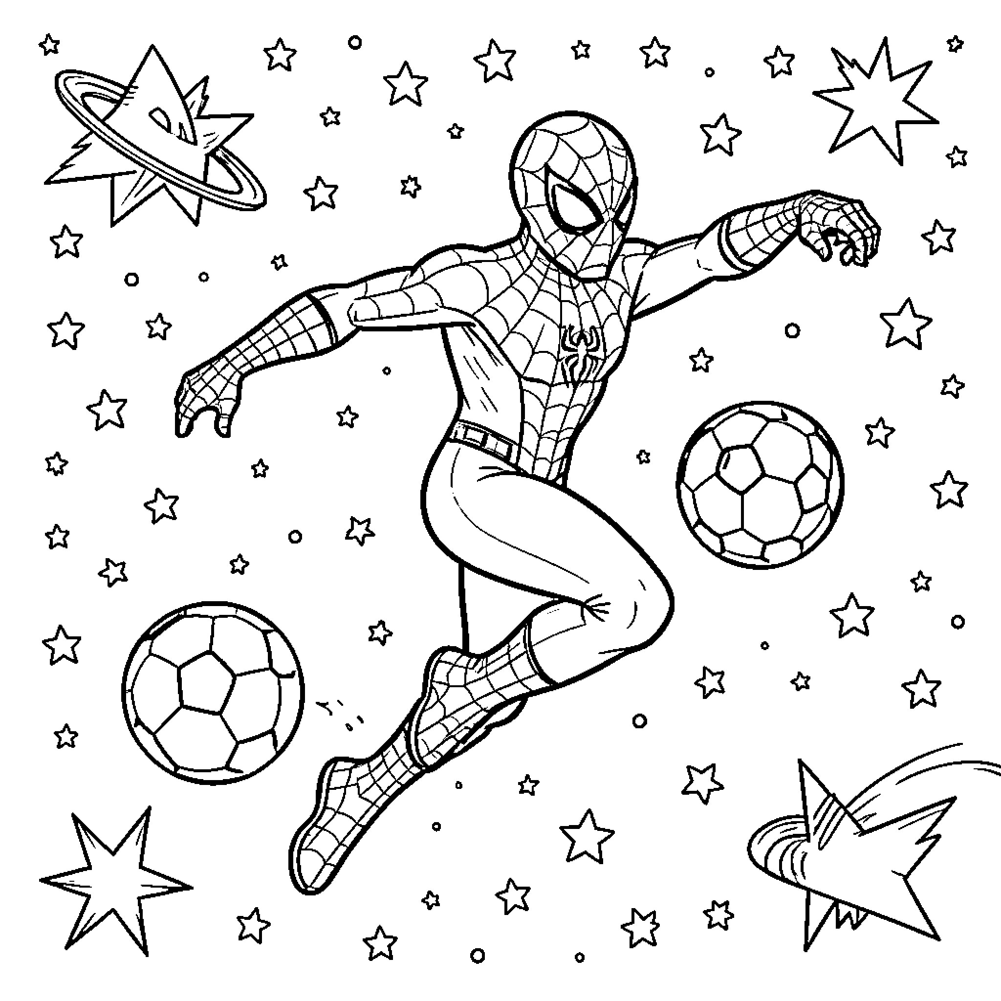 Spidey jumping through space surrounded by stars and soccer balls Coloring Page (free black-and-white line drawing printable PDF for all, from beginners to advanced learners, including children, teens, adults, and seniors)