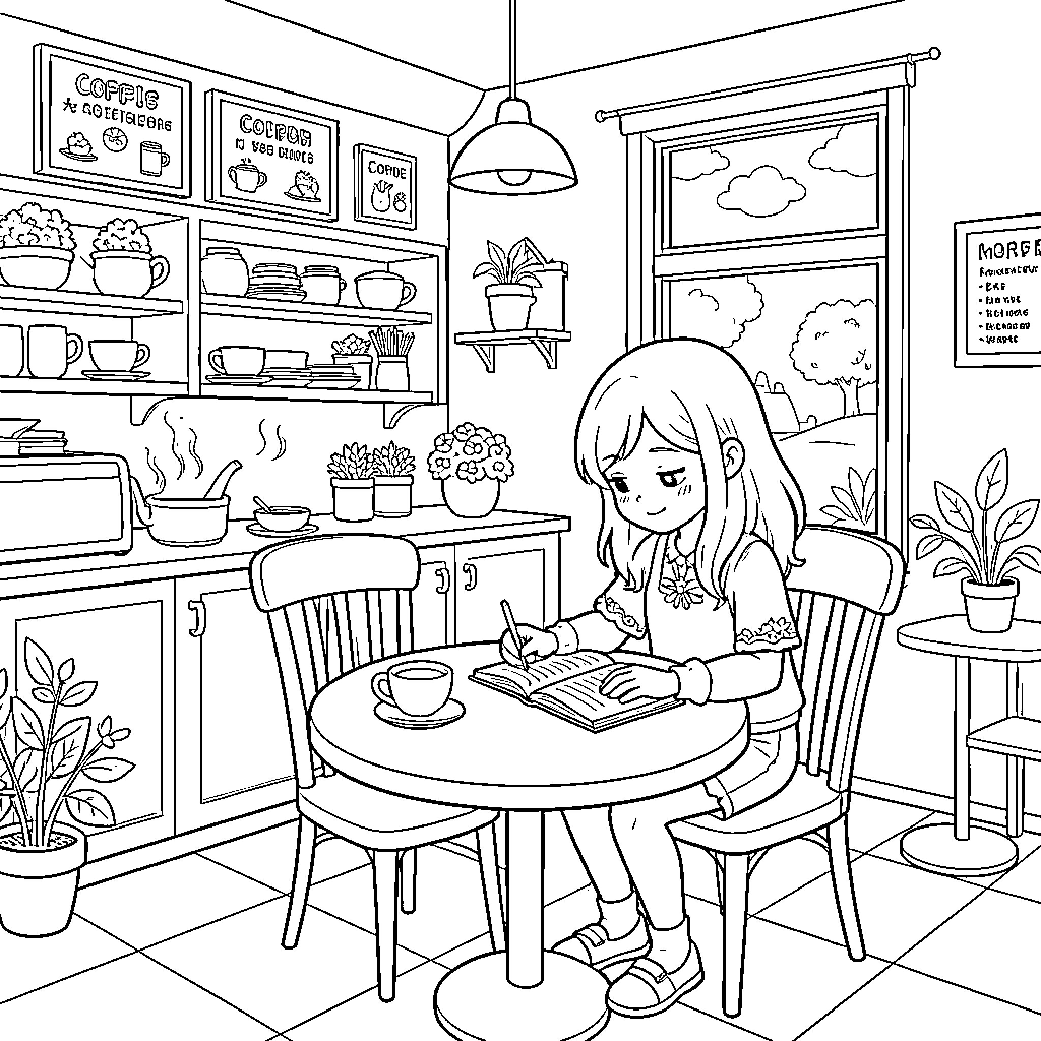 Coffee shop setting with a girl writing in a notebook Coloring Page (free black-and-white line drawing printable PDF for all, from beginners to advanced learners, including children, teens, adults, and seniors)