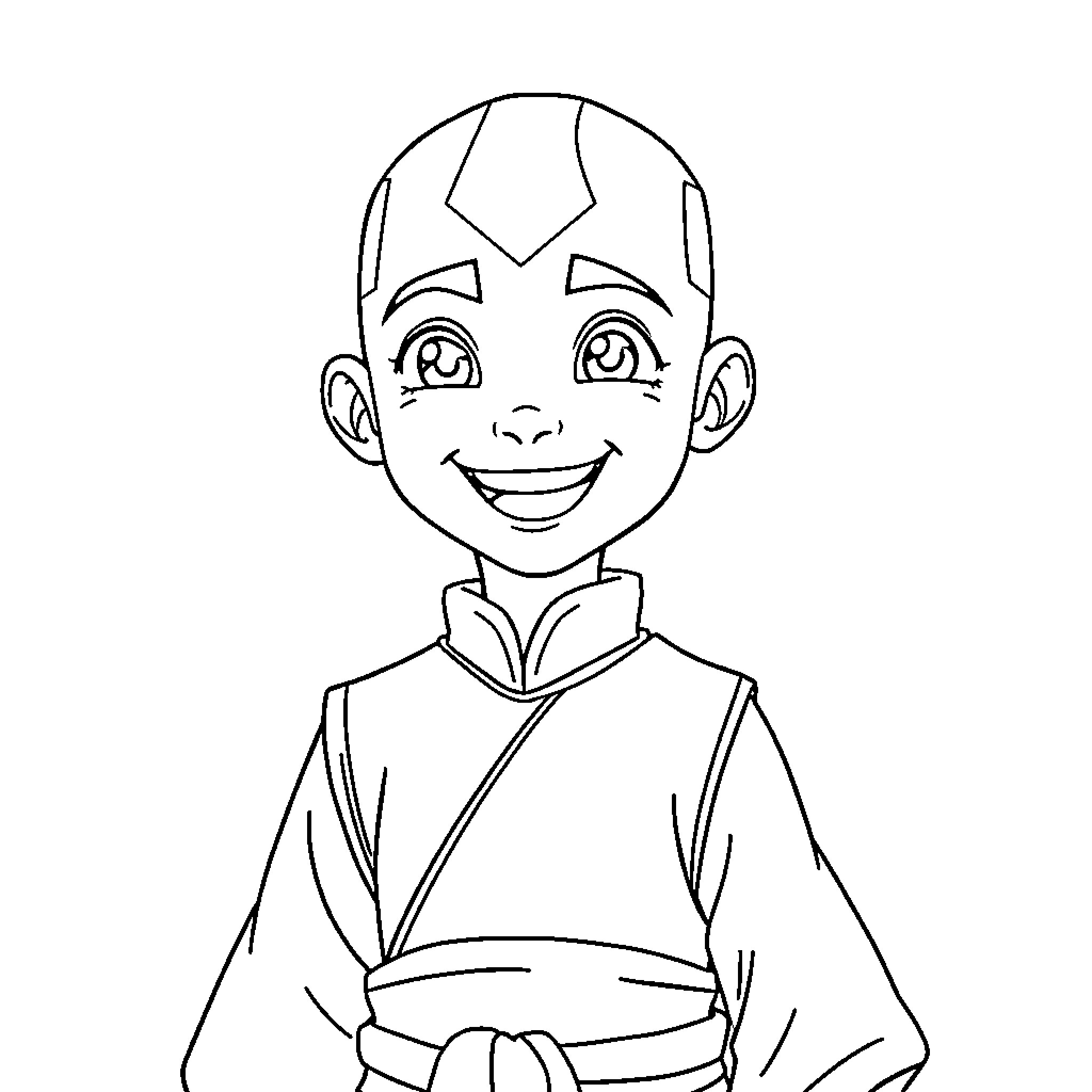 Aang Smiling in Airbender Attire Coloring Page (free black-and-white line drawing printable PDF for all, from beginners to advanced learners, including children, teens, adults, and seniors)