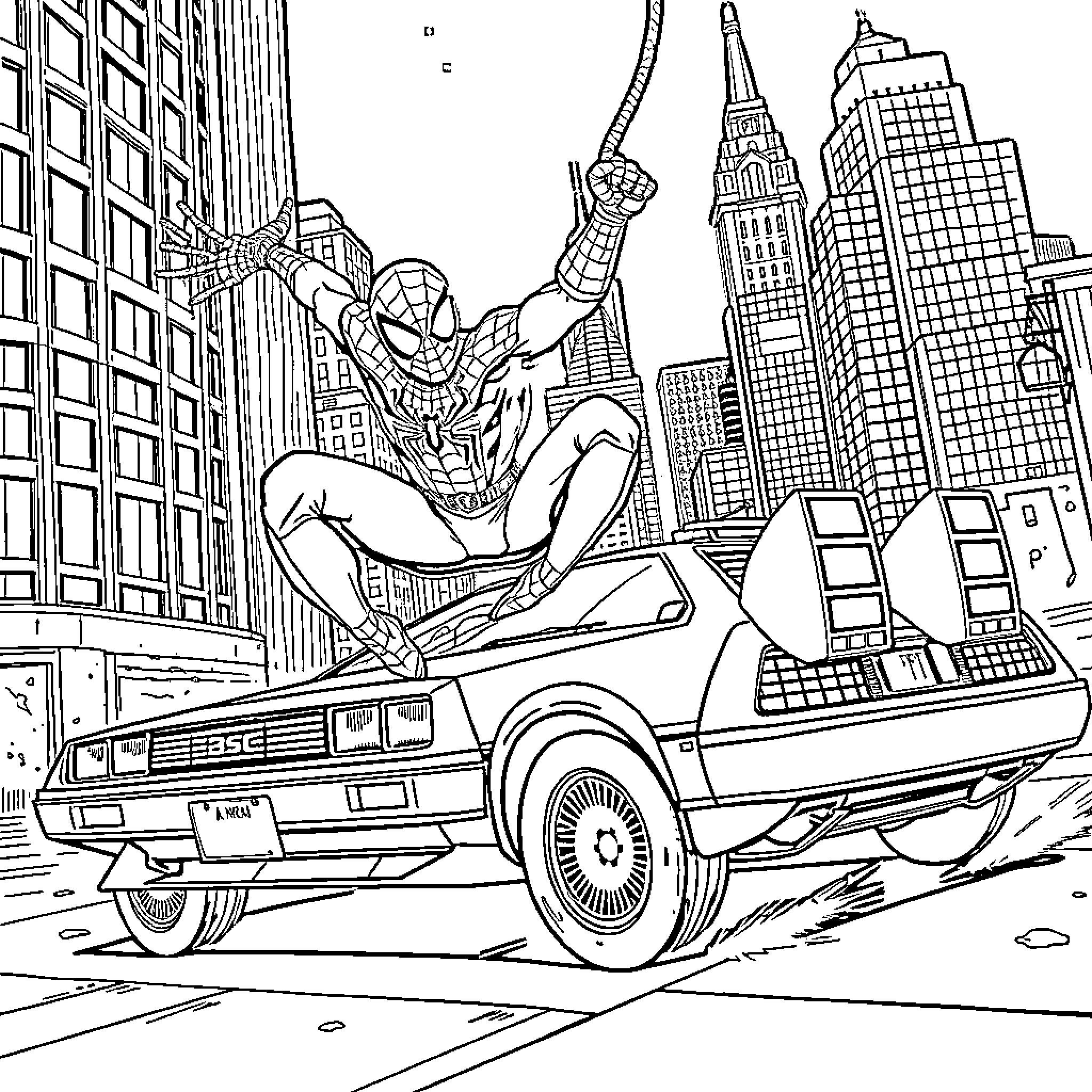 Spiderman swinging through the city in action Coloring Page (free black-and-white line drawing printable PDF for all, from beginners to advanced learners, including children, teens, adults, and seniors)
