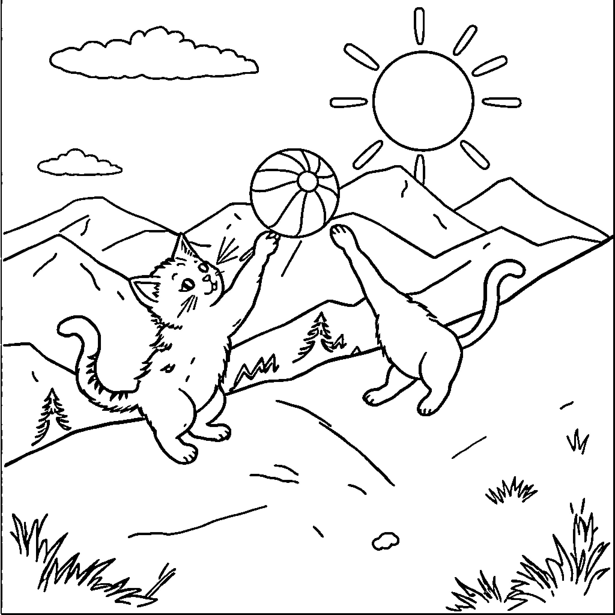 Cat exploring outdoor landscape Coloring Page (free black-and-white line drawing printable PDF for all, from beginners to advanced learners, including children, teens, adults, and seniors)