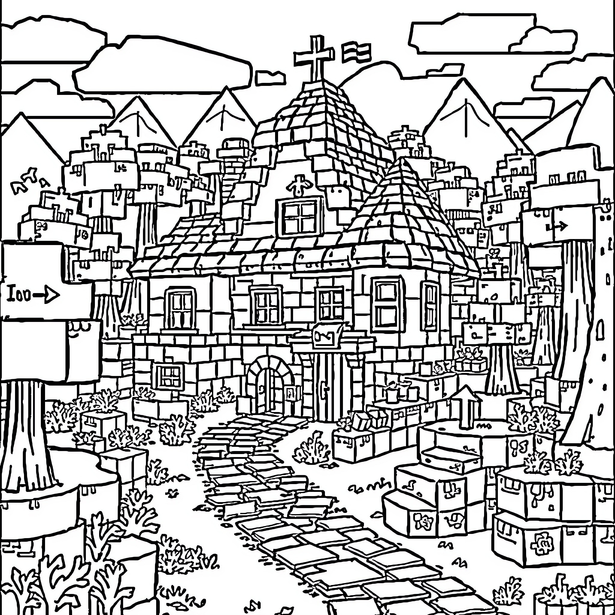 Minecraft Village with Diverse Architecture and Landscape Coloring Page (free black-and-white line drawing printable PDF for all, from beginners to advanced learners, including children, teens, adults, and seniors)