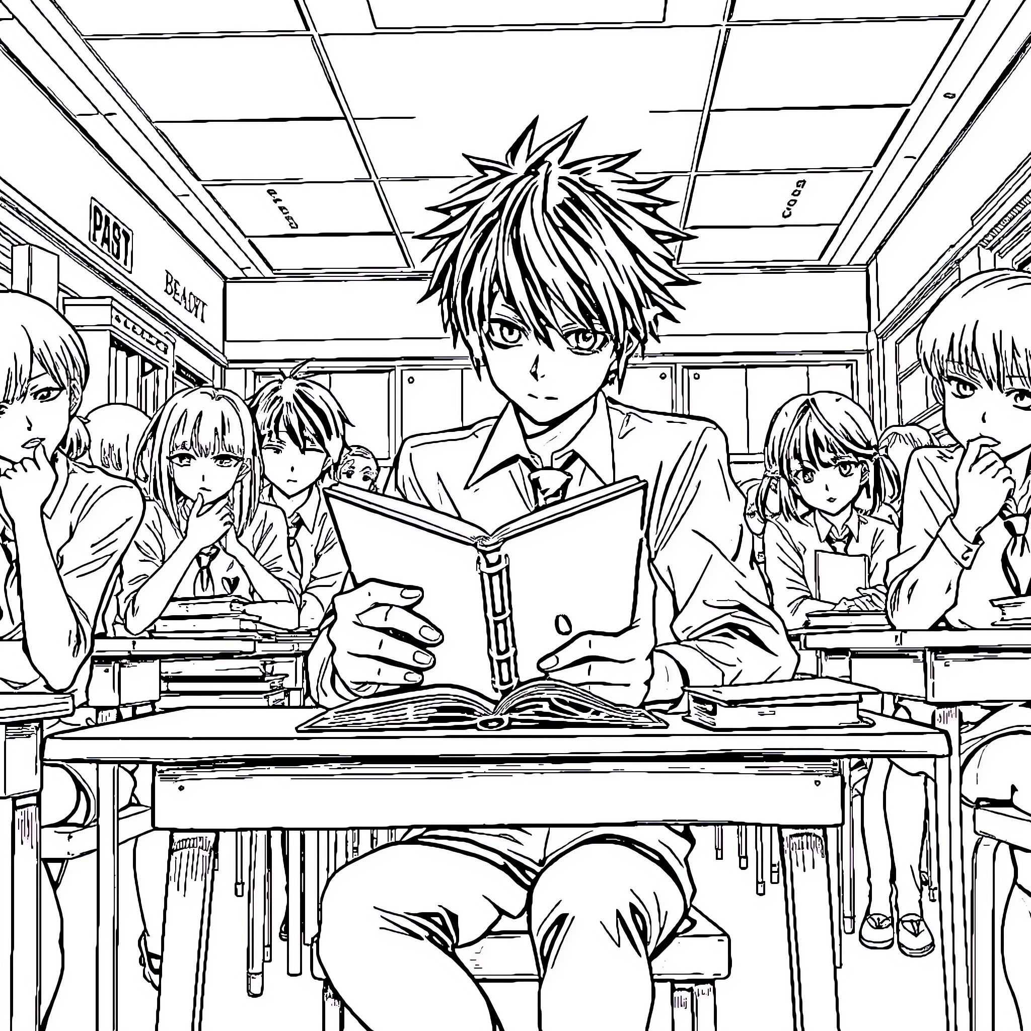 Light classroom scene with students Coloring Page (free black-and-white line drawing printable PDF for all, from beginners to advanced learners, including children, teens, adults, and seniors)