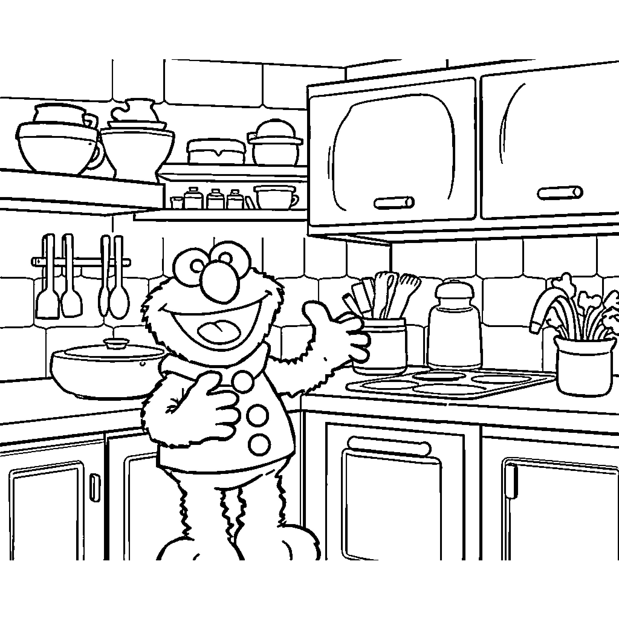 Count Cooking in a Busy Kitchen Coloring Page (free black-and-white line drawing printable PDF for all, from beginners to advanced learners, including children, teens, adults, and seniors)