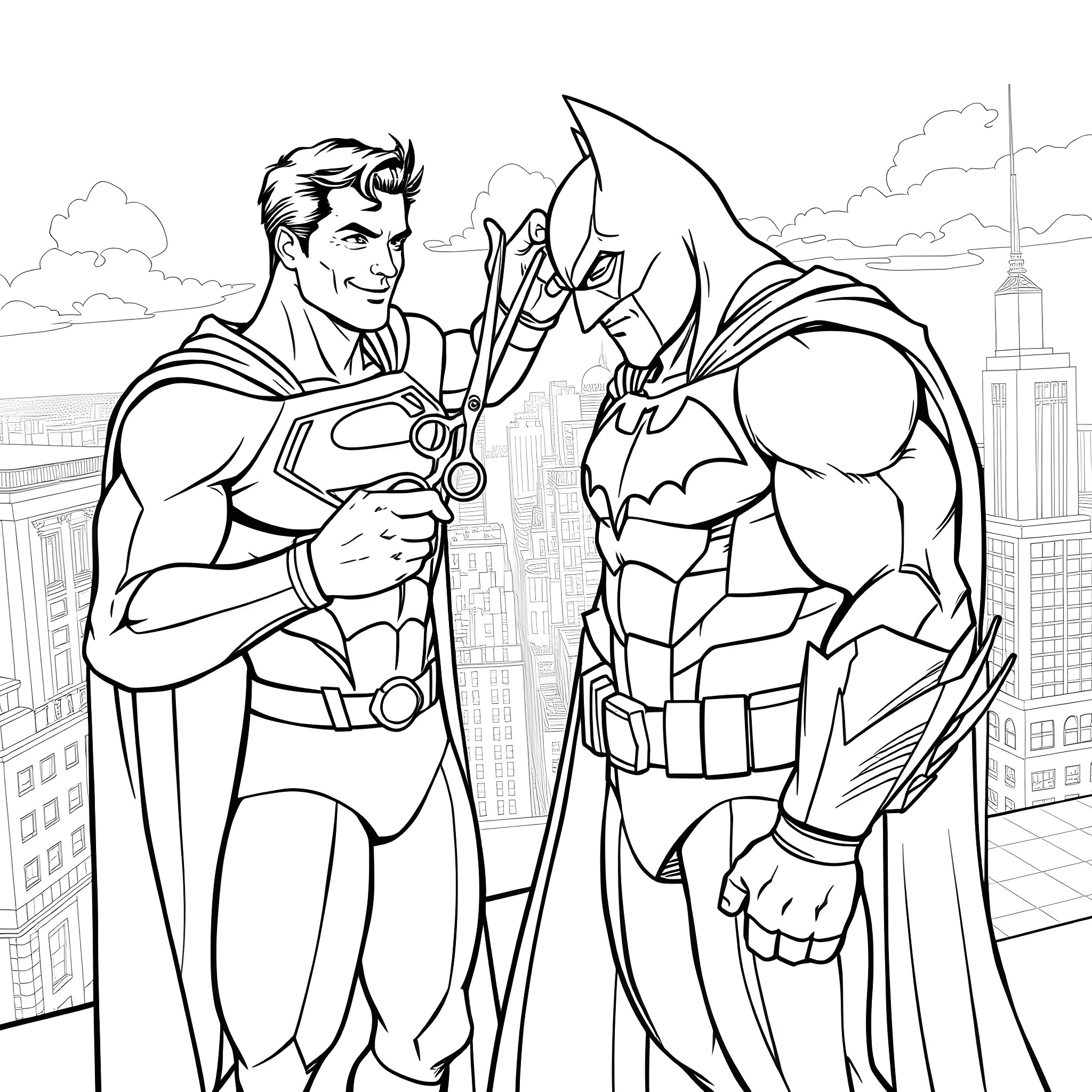 Superman and Batman's heroic teamwork Coloring Page (free black-and-white line drawing printable PDF for all, from beginners to advanced learners, including children, teens, adults, and seniors)