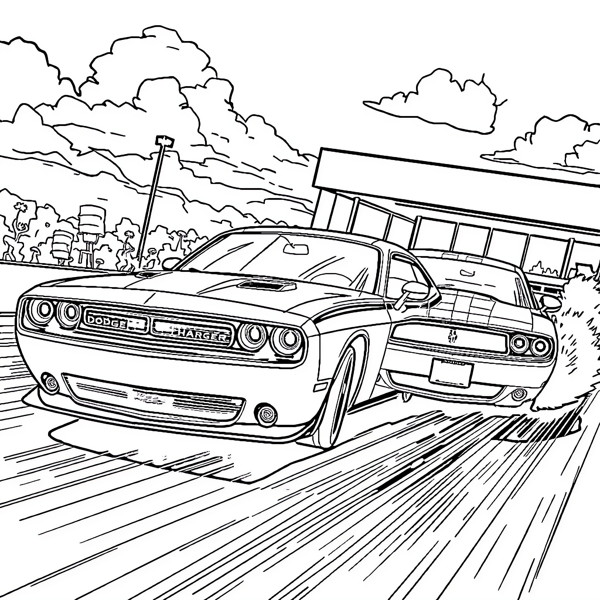 Dodge Challenger racing on the road with motion blur Coloring Page (free black-and-white line drawing printable PDF for all, from beginners to advanced learners, including children, teens, adults, and seniors)