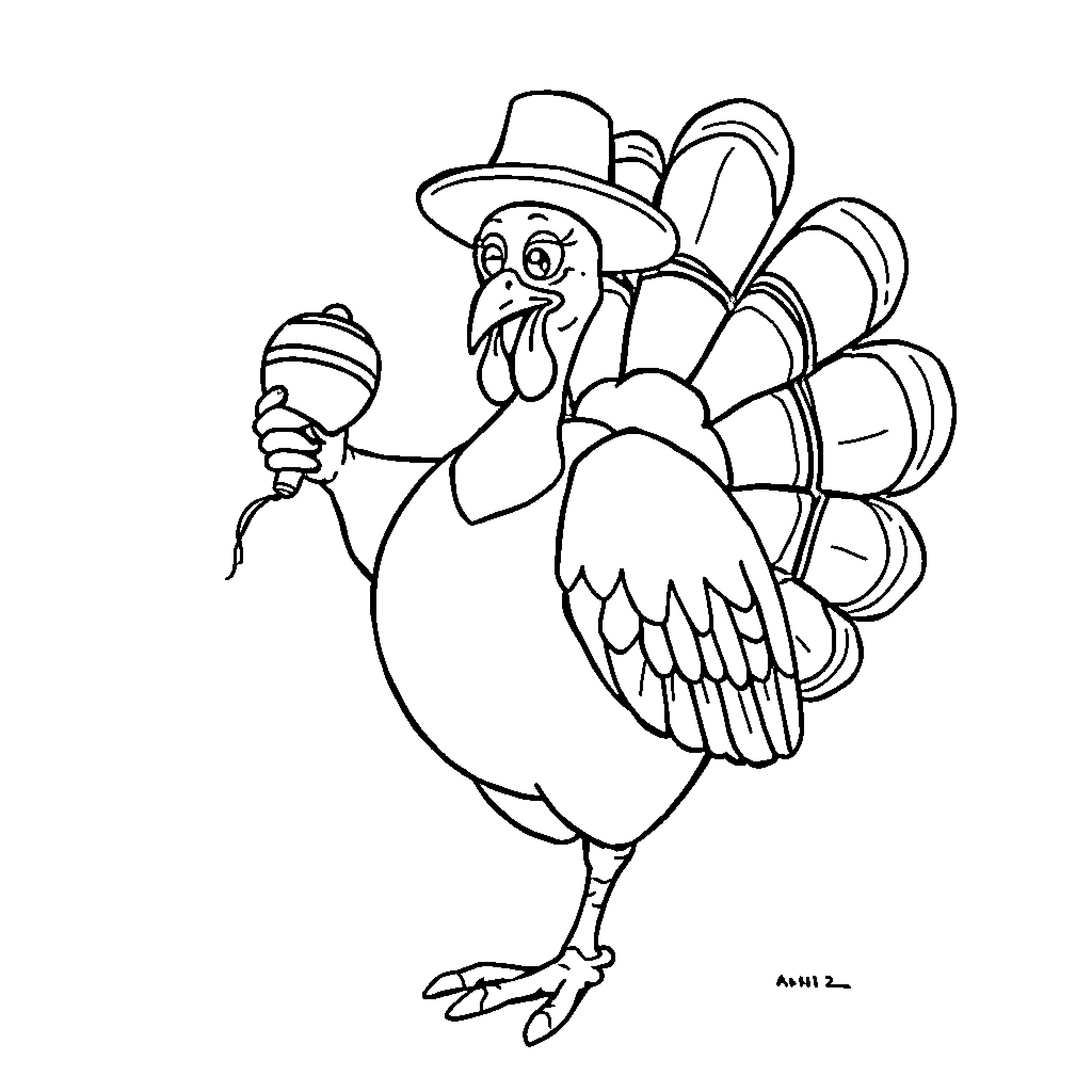 Turkey in festive attire enjoying a treat Coloring Page (free black-and-white line drawing printable PDF for all, from beginners to advanced learners, including children, teens, adults, and seniors)