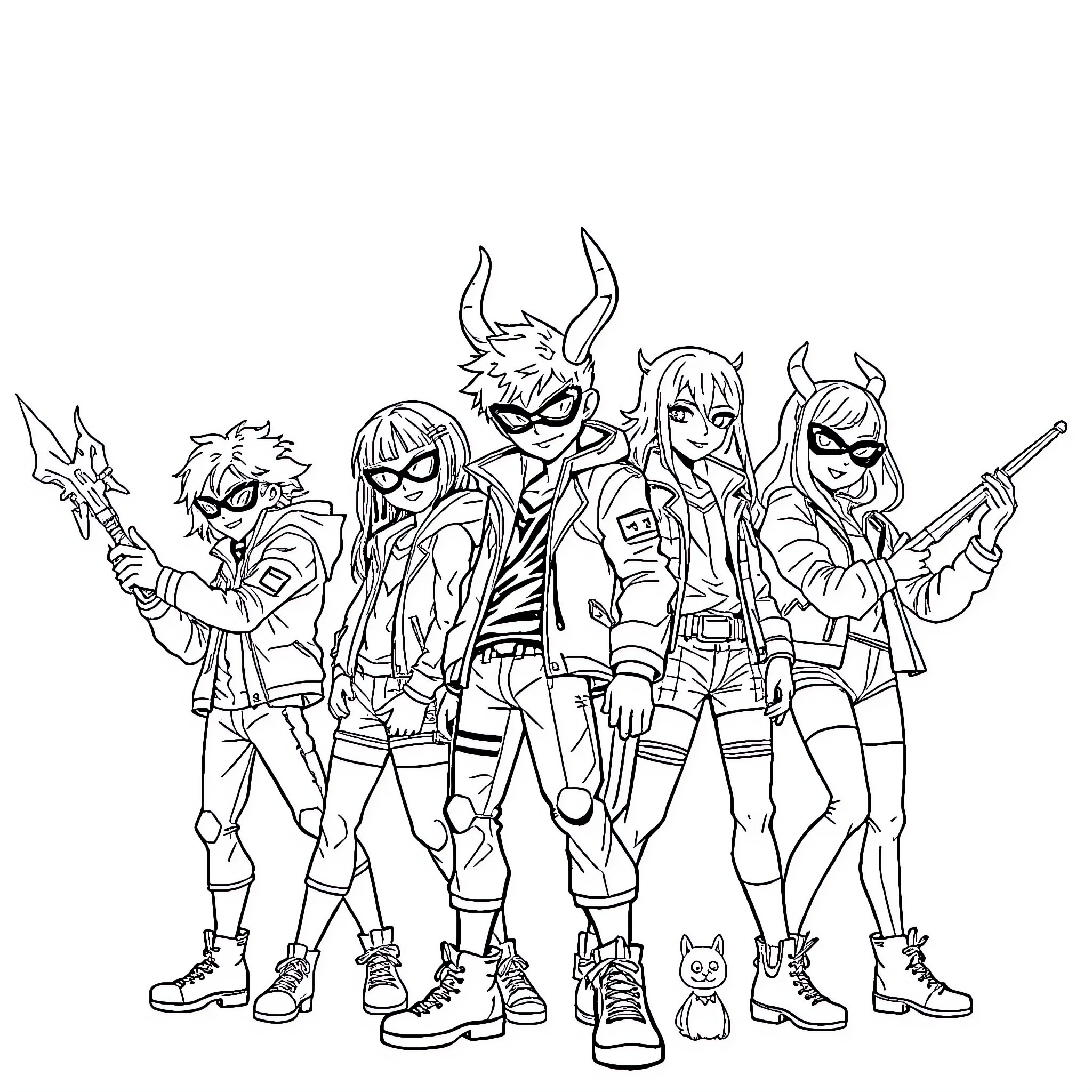 Remi and friends in colorful costumes and poses Coloring Page (free black-and-white line drawing printable PDF for all, from beginners to advanced learners, including children, teens, adults, and seniors)