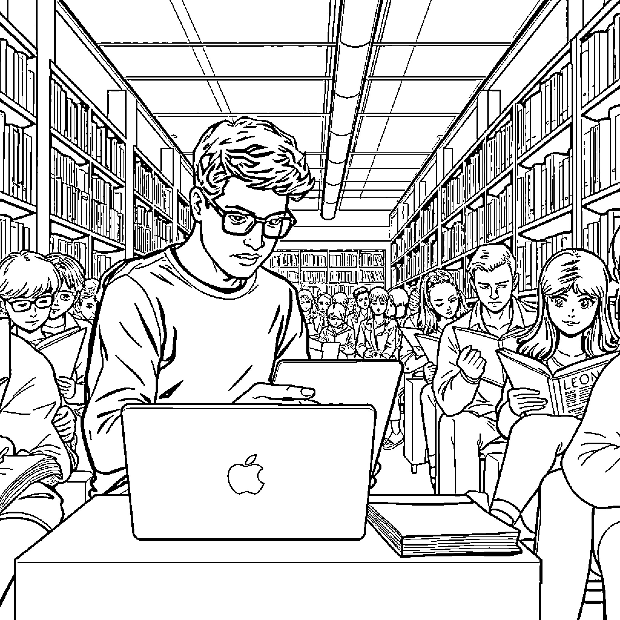 Étudiant travaillant sur un ordinateur portable dans une bibliothèque Coloring Page (free black-and-white line drawing printable PDF for all, from beginners to advanced learners, including children, teens, adults, and seniors)