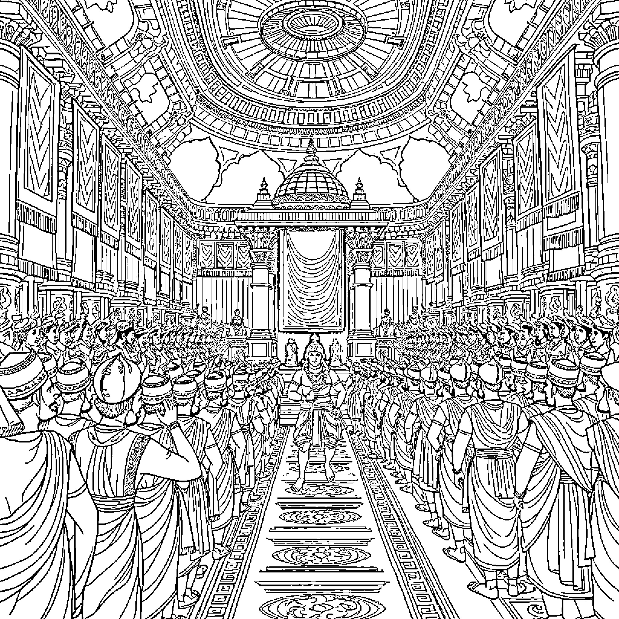 Chandragupta Maurya's Coronation Ceremony in Majestic Palace Coloring Page (free black-and-white line drawing printable PDF for all, from beginners to advanced learners, including children, teens, adults, and seniors)