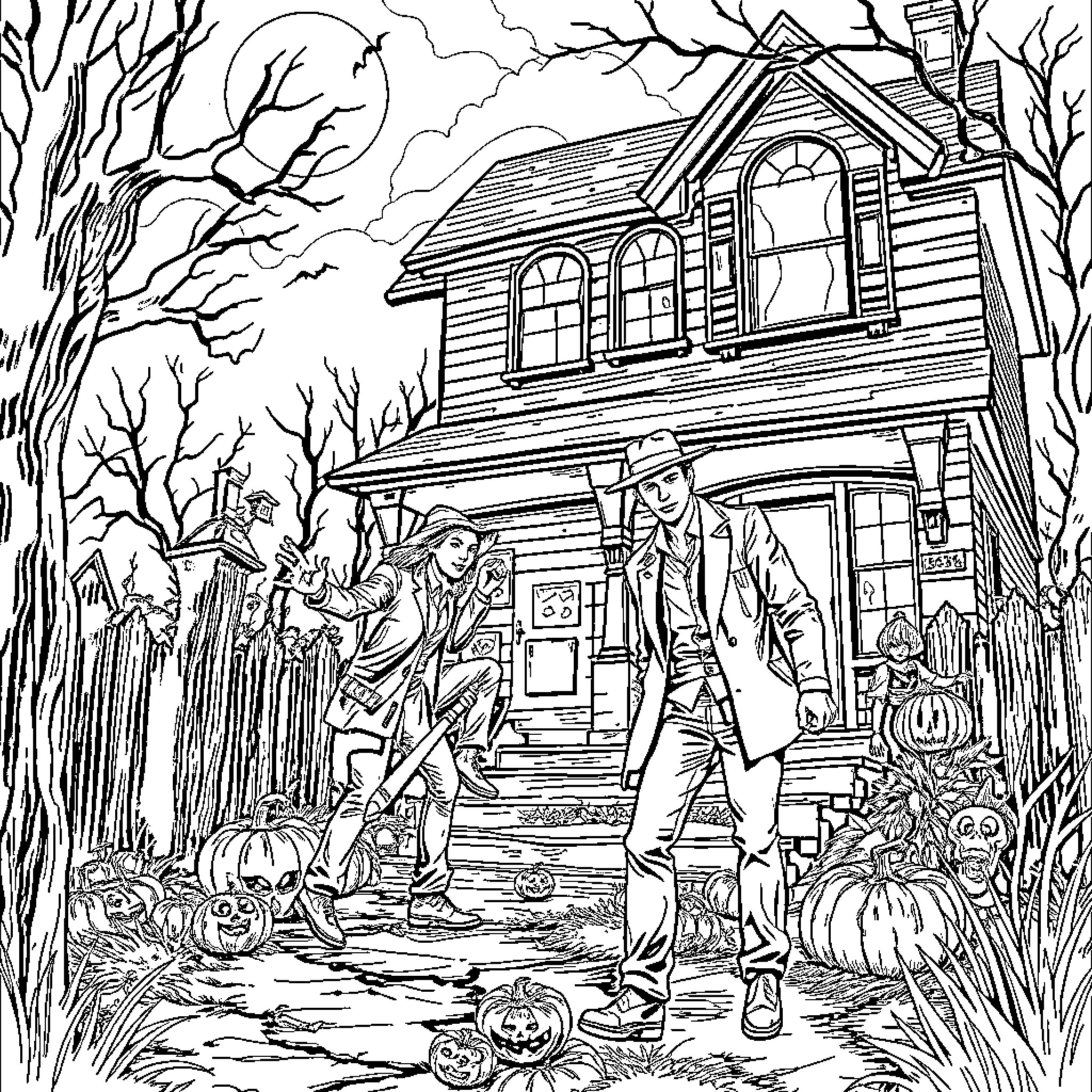 Sam and Dean Winchester Investigate the Haunted House Coloring Page (free black-and-white line drawing printable PDF for all, from beginners to advanced learners, including children, teens, adults, and seniors)