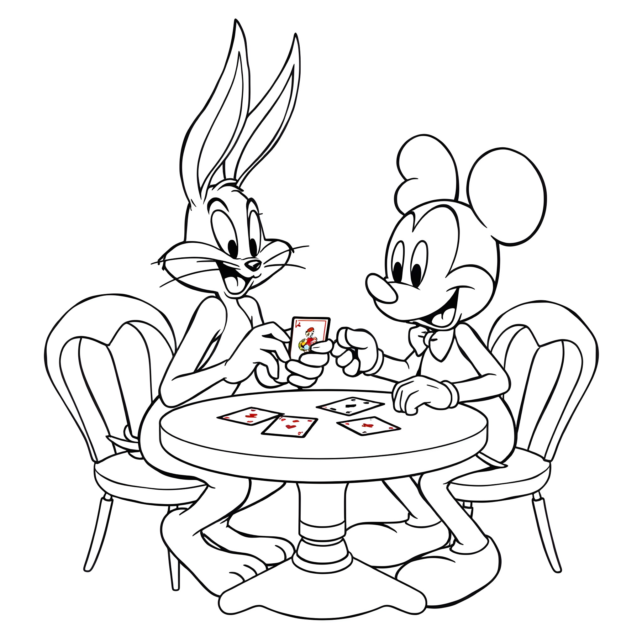 Bugs Bunny and Mickey Mouse playing cards together Coloring Page (free black-and-white line drawing printable PDF for all, from beginners to advanced learners, including children, teens, adults, and seniors)