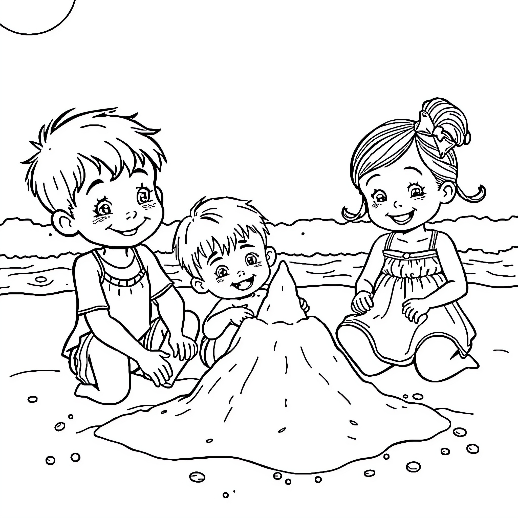 Child friends enjoying at the beach Coloring Page (free black-and-white line drawing printable PDF for all, from beginners to advanced learners, including children, teens, adults, and seniors)