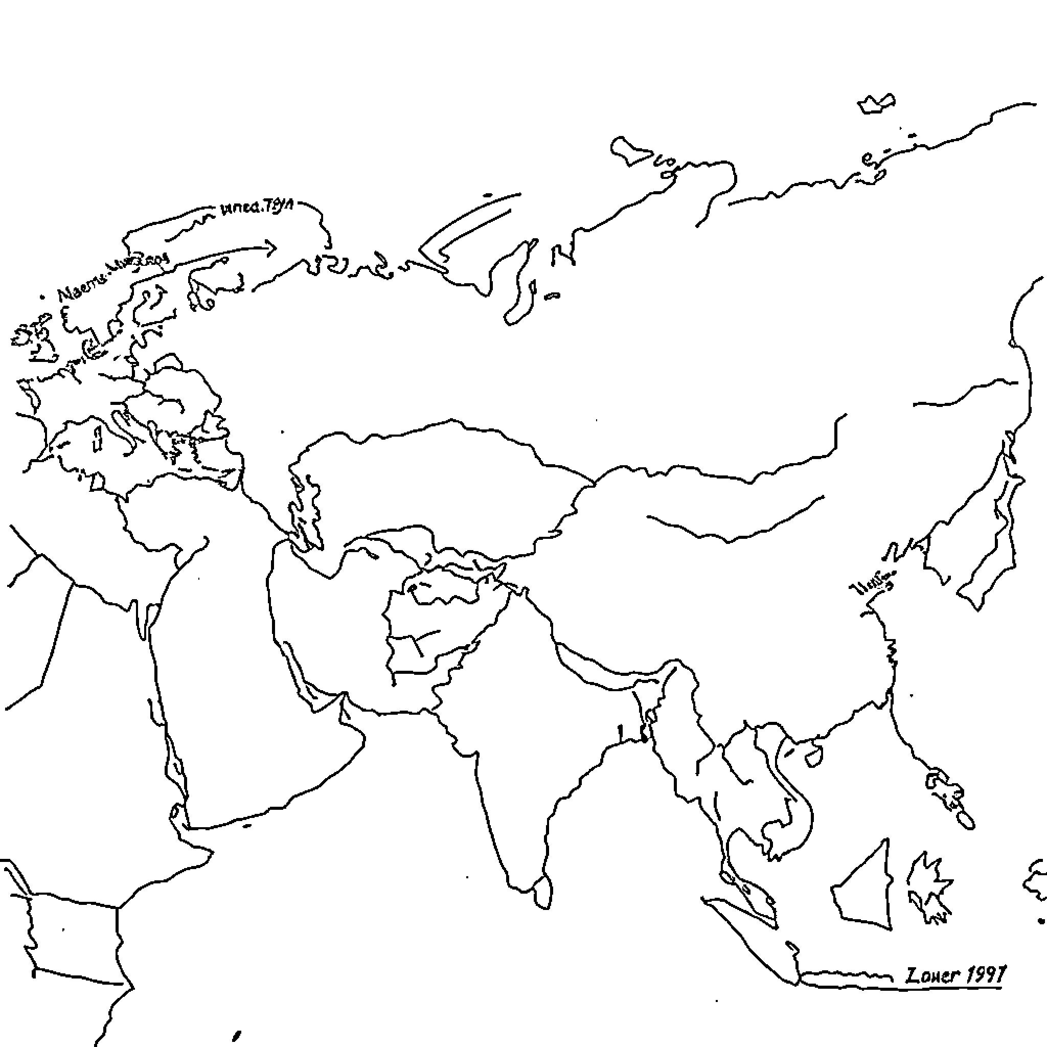 Map of simplified world geography outline Coloring Page (free black-and-white line drawing printable PDF for all, from beginners to advanced learners, including children, teens, adults, and seniors)