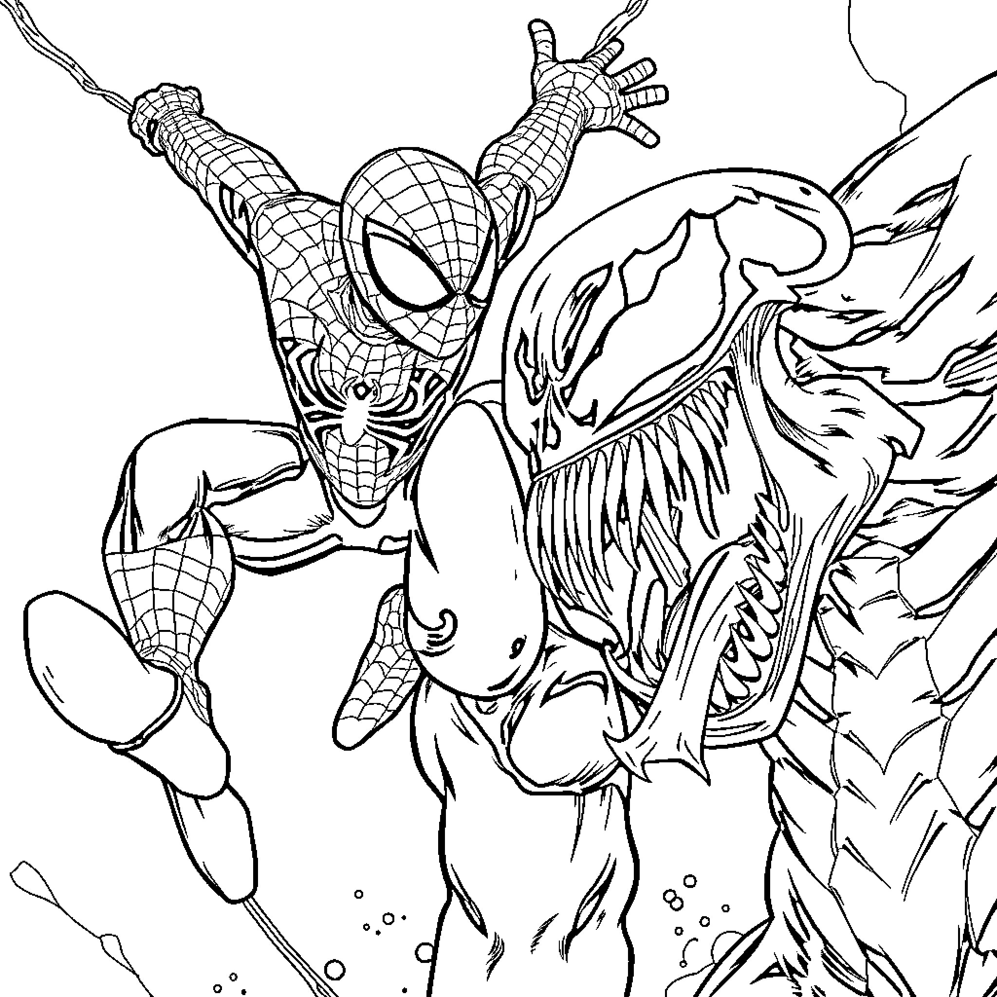 Spider-Man battling fearsome Venom creature Coloring Page (free black-and-white line drawing printable PDF for all, from beginners to advanced learners, including children, teens, adults, and seniors)