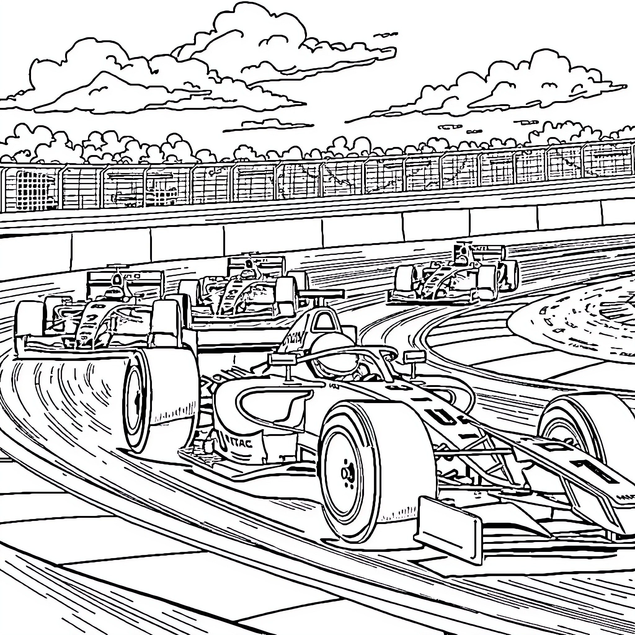F1 Racers on the Track During a Competition Coloring Page (free black-and-white line drawing printable PDF for all, from beginners to advanced learners, including children, teens, adults, and seniors)