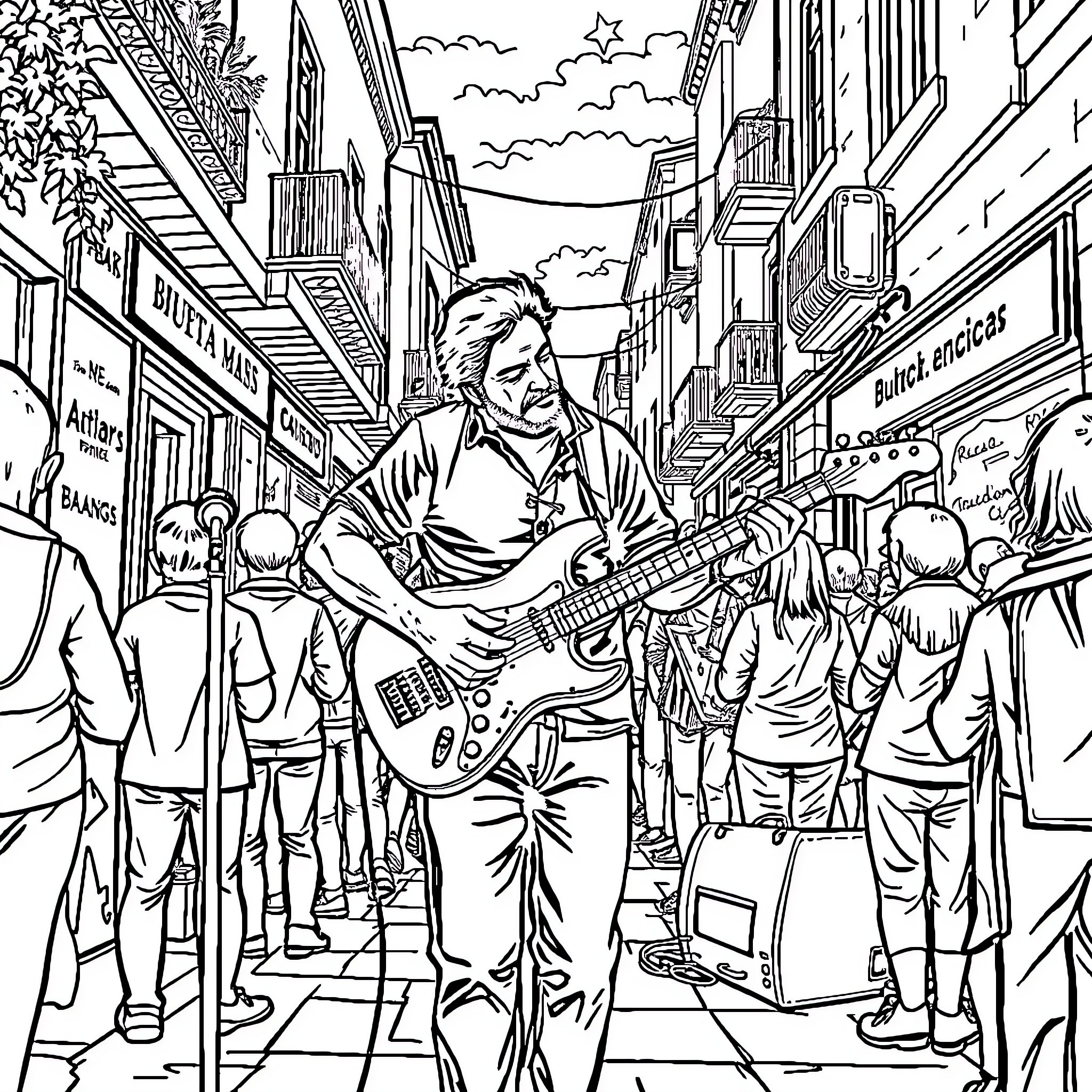 Bubu entertains the crowd with guitar on city street Coloring Page (free black-and-white line drawing printable PDF for all, from beginners to advanced learners, including children, teens, adults, and seniors)