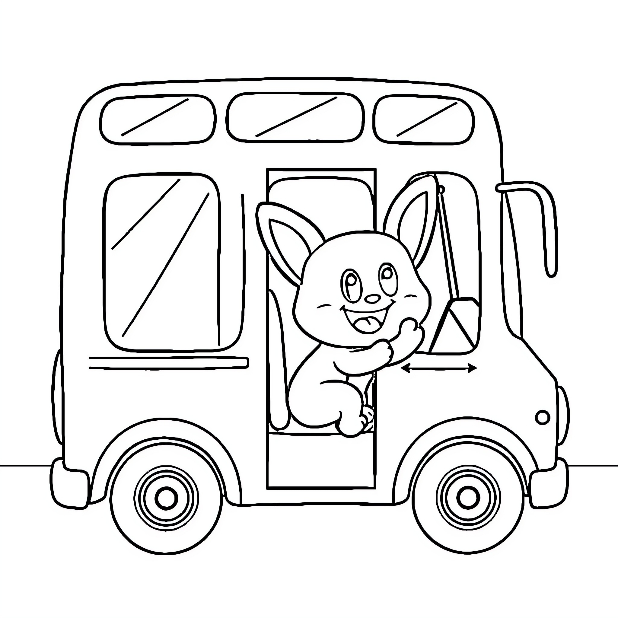 Bluey Riding a Whimsical Bus Coloring Page (free black-and-white line drawing printable PDF for all, from beginners to advanced learners, including children, teens, adults, and seniors)