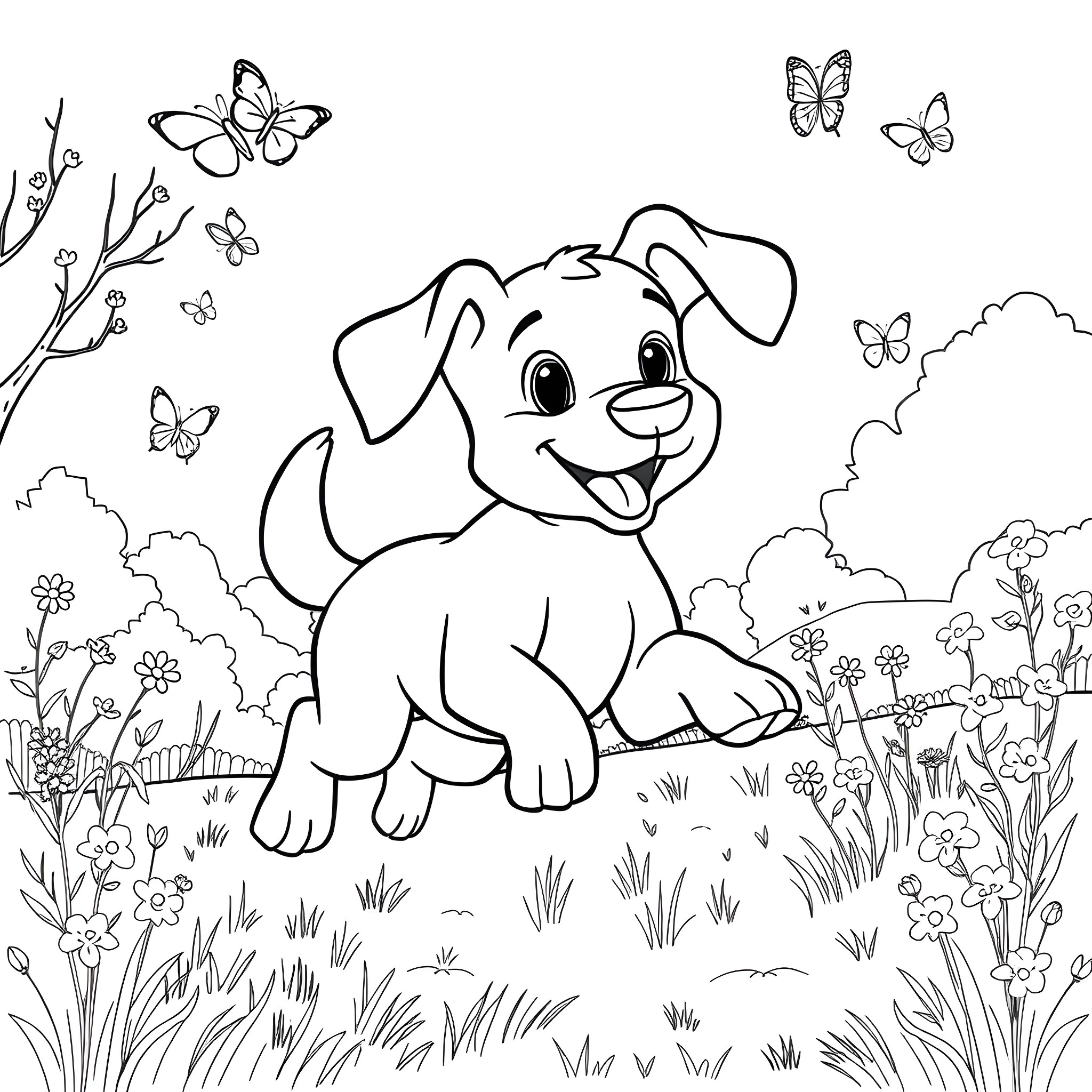 Dog exploring nature happily with butterflies Coloring Page (free black-and-white line drawing printable PDF for all, from beginners to advanced learners, including children, teens, adults, and seniors)