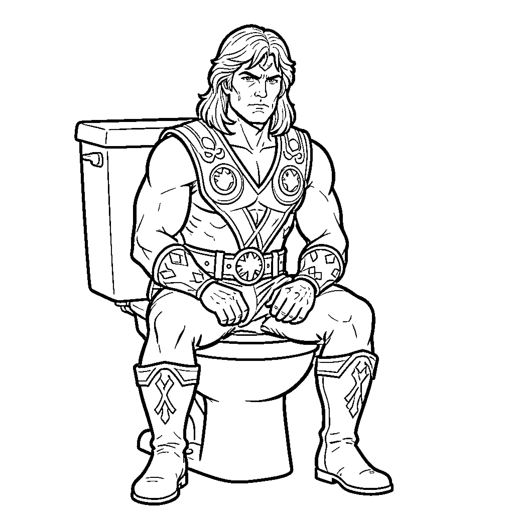 He-Man sitting stoically on a toilet Coloring Page (free black-and-white line drawing printable PDF for all, from beginners to advanced learners, including children, teens, adults, and seniors)