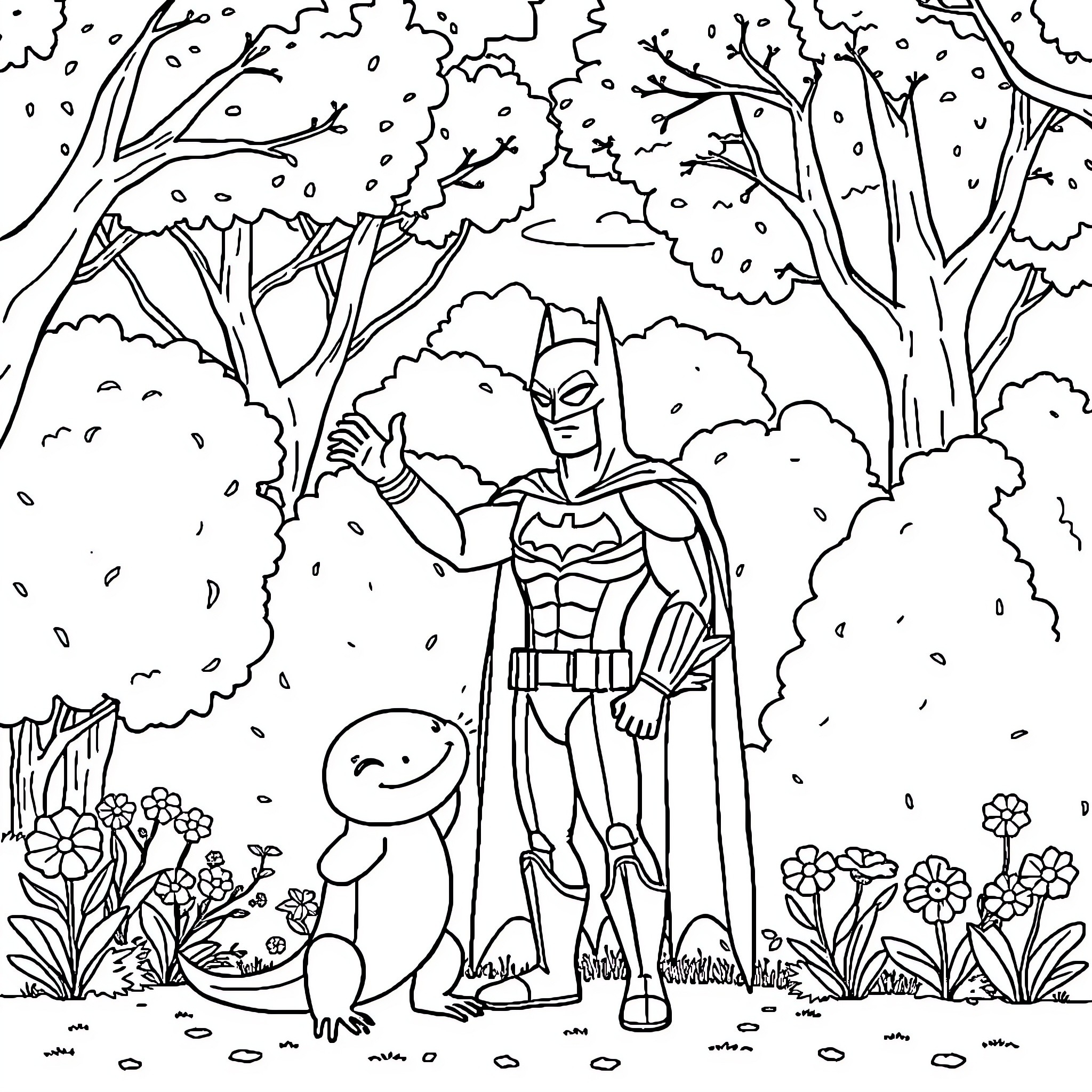 Axolotl and Batman in a Whimsical Forest Scene Coloring Page (free black-and-white line drawing printable PDF for all, from beginners to advanced learners, including children, teens, adults, and seniors)