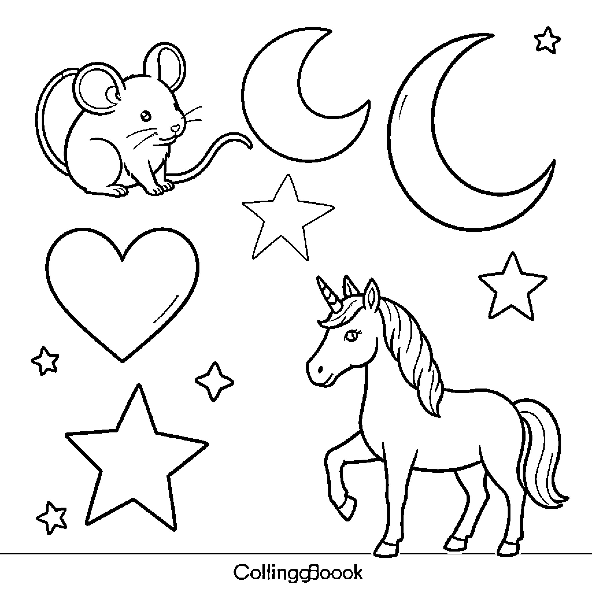 Mouse resting among moons, stars, and a unicorn Coloring Page (free black-and-white line drawing printable PDF for all, from beginners to advanced learners, including children, teens, adults, and seniors)