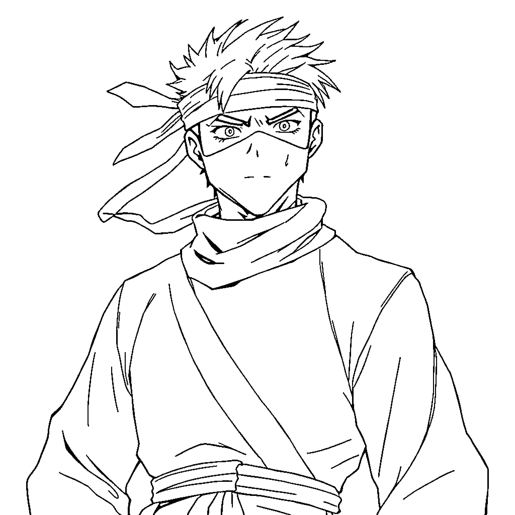 Kojiro's Determined Expression in Combat Attire Coloring Page (free black-and-white line drawing printable PDF for all, from beginners to advanced learners, including children, teens, adults, and seniors)