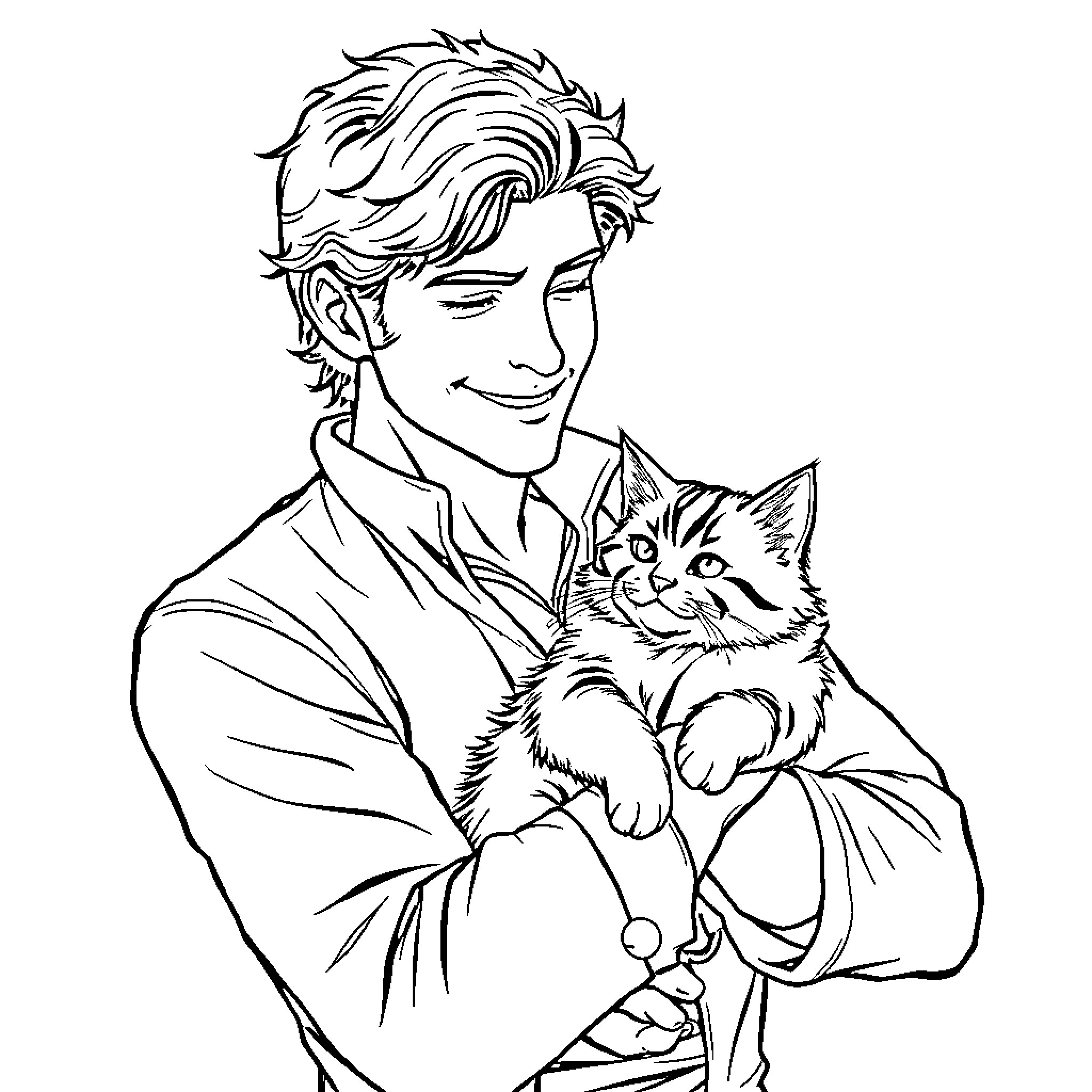 Damon Salvatore holding a cute kitten with a warm smile Coloring Page (free black-and-white line drawing printable PDF for all, from beginners to advanced learners, including children, teens, adults, and seniors)