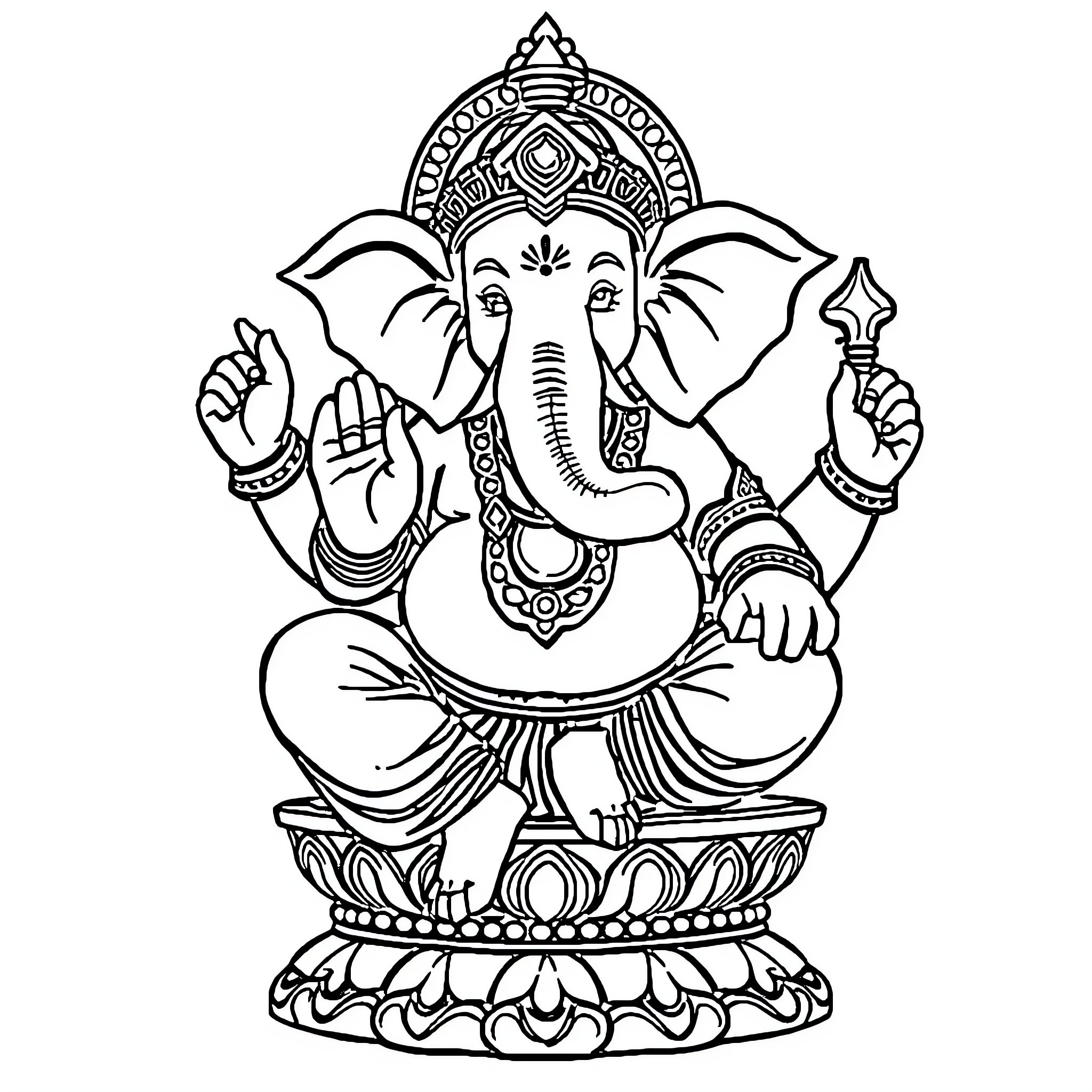 Ganesha, the Elephant-Headed Deity, Blessing and Granting Wishes Coloring Page (free black-and-white line drawing printable PDF for all, from beginners to advanced learners, including children, teens, adults, and seniors)