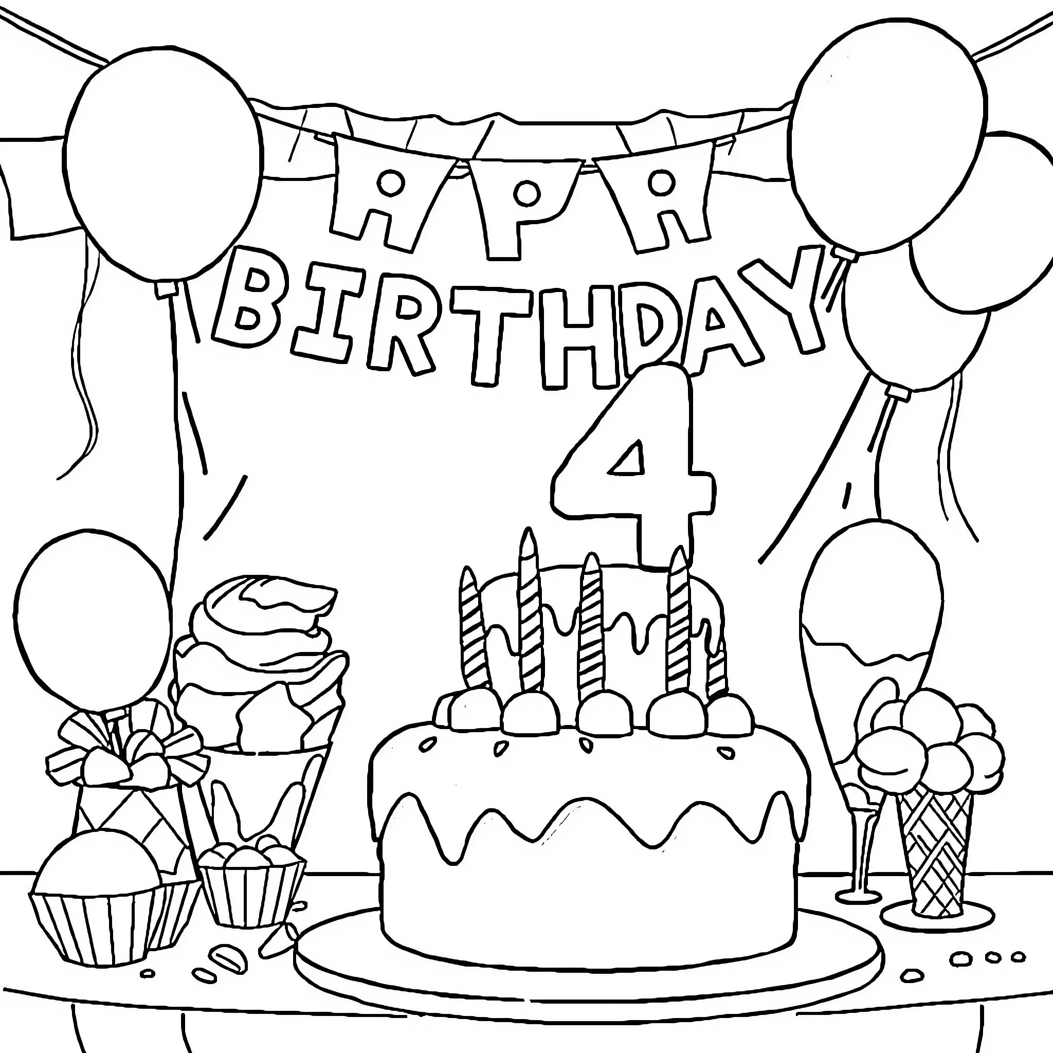 Ice Cream Birthday Party Celebration Coloring Page (free black-and-white line drawing printable PDF for all, from beginners to advanced learners, including children, teens, adults, and seniors)
