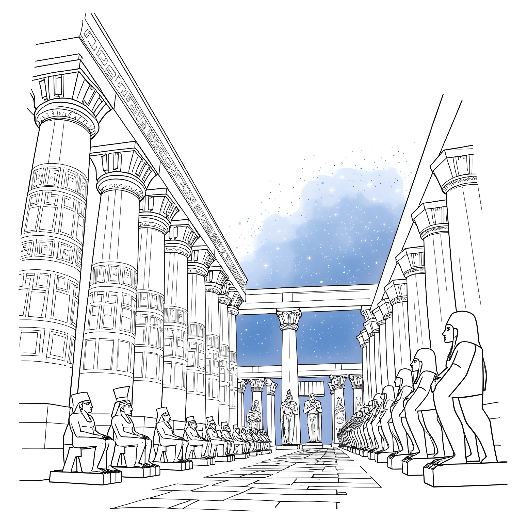 Luxor Temple: Figures and Architecture in an Ancient Egyptian Scene Coloring Page (free black-and-white line drawing printable PDF for all, from beginners to advanced learners, including children, teens, adults, and seniors)