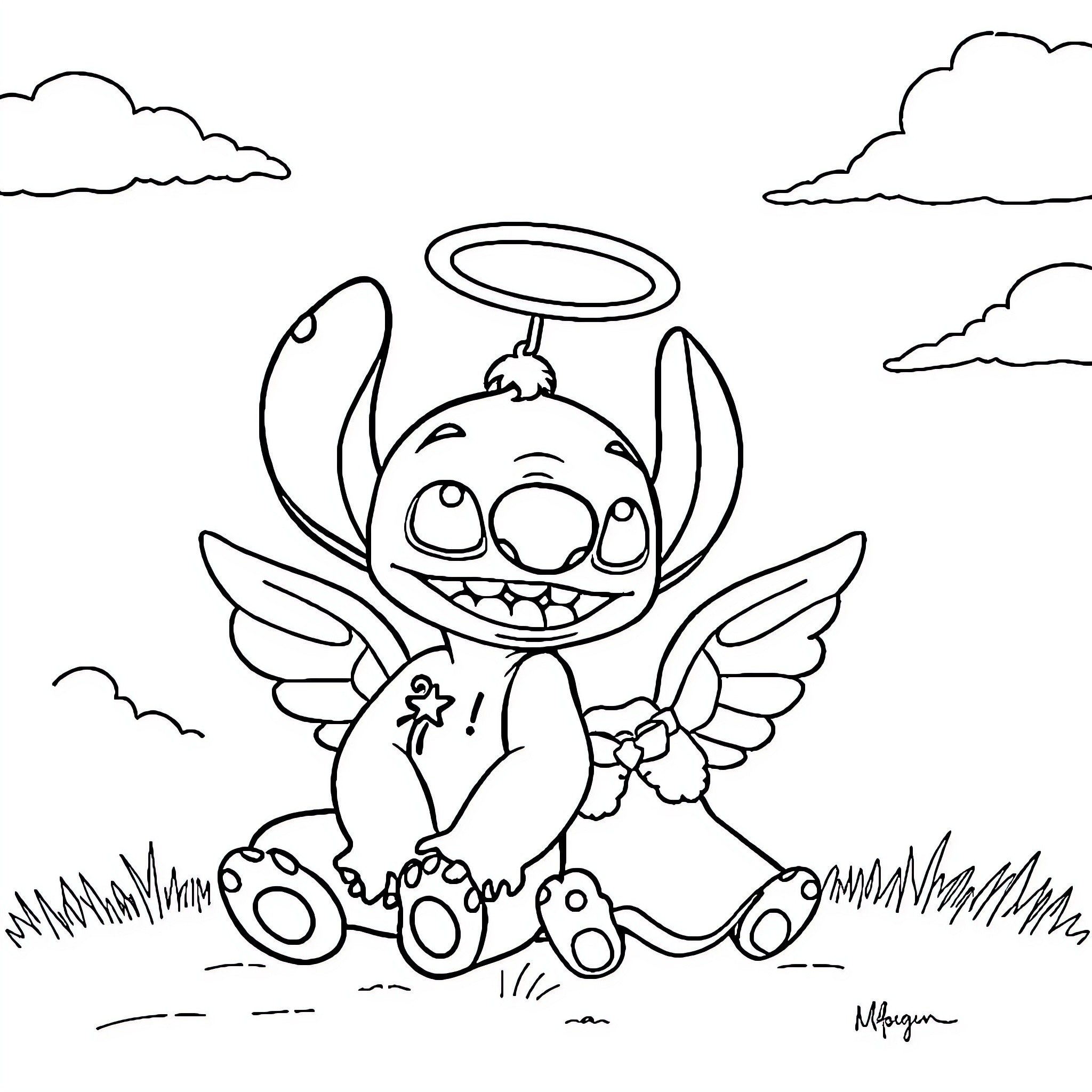 Stitch as an angelic figure in a field Coloring Page (free black-and-white line drawing printable PDF for all, from beginners to advanced learners, including children, teens, adults, and seniors)