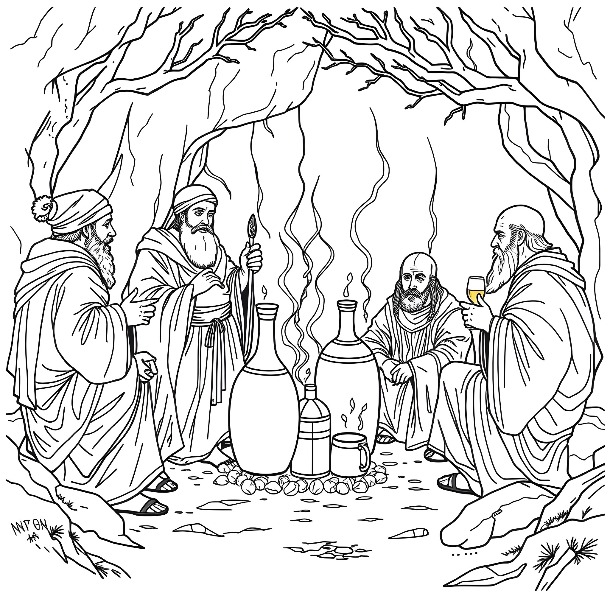 Wineskin gathering in the ancient forest Coloring Page (free black-and-white line drawing printable PDF for all, from beginners to advanced learners, including children, teens, adults, and seniors)