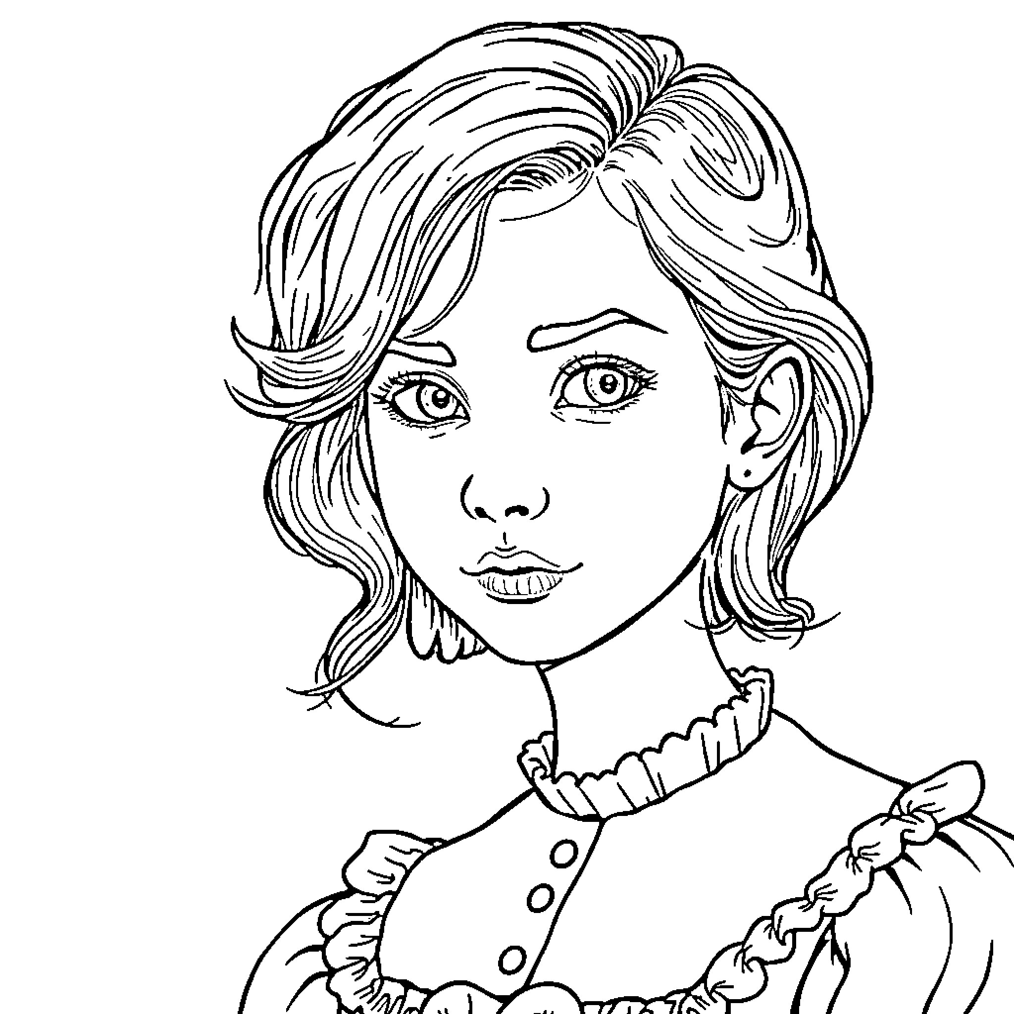 Adolescente con elegante atuendo y expresión seria Coloring Page (free black-and-white line drawing printable PDF for all, from beginners to advanced learners, including children, teens, adults, and seniors)