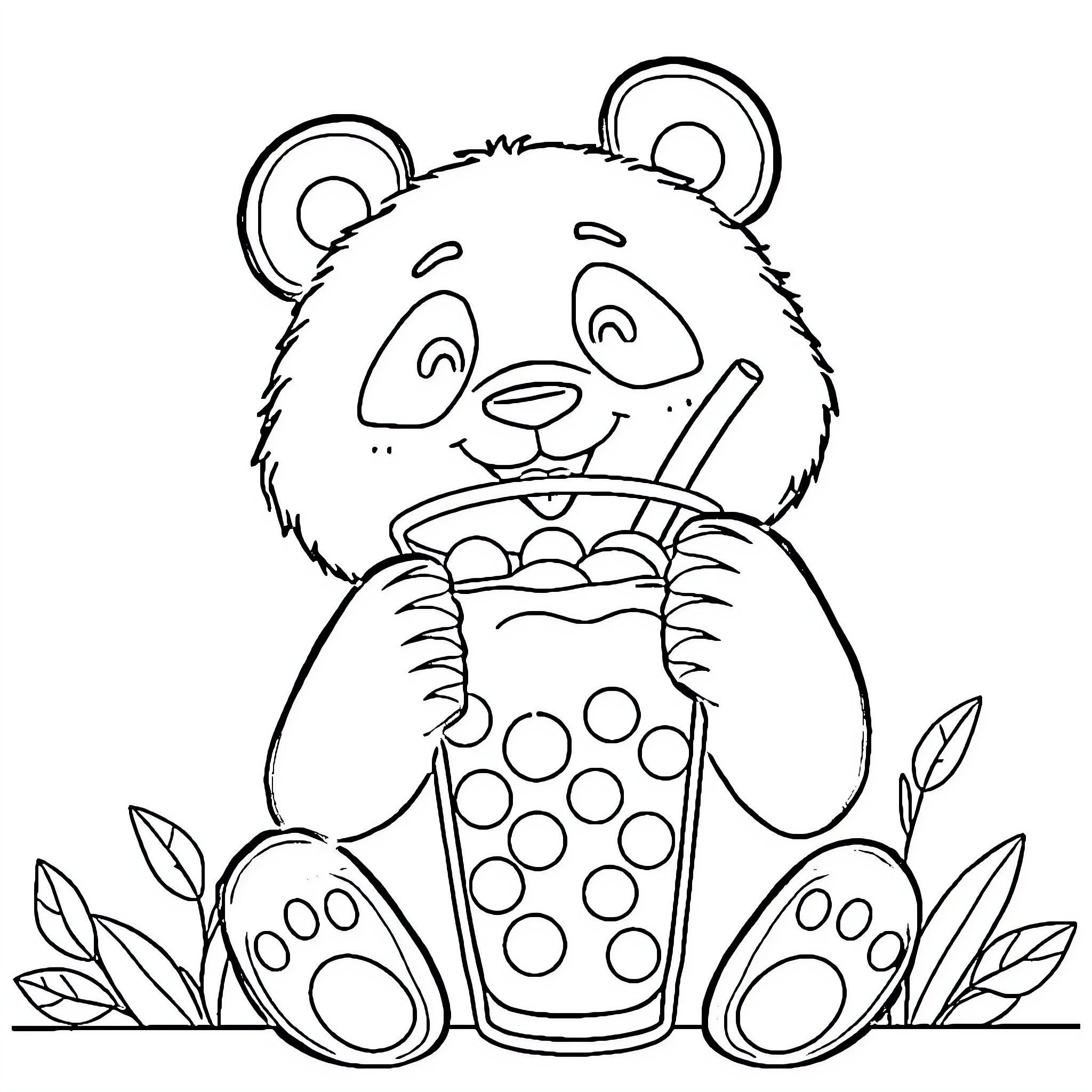 Panda drinking a refreshing beverage Coloring Page (free black-and-white line drawing printable PDF for all, from beginners to advanced learners, including children, teens, adults, and seniors)