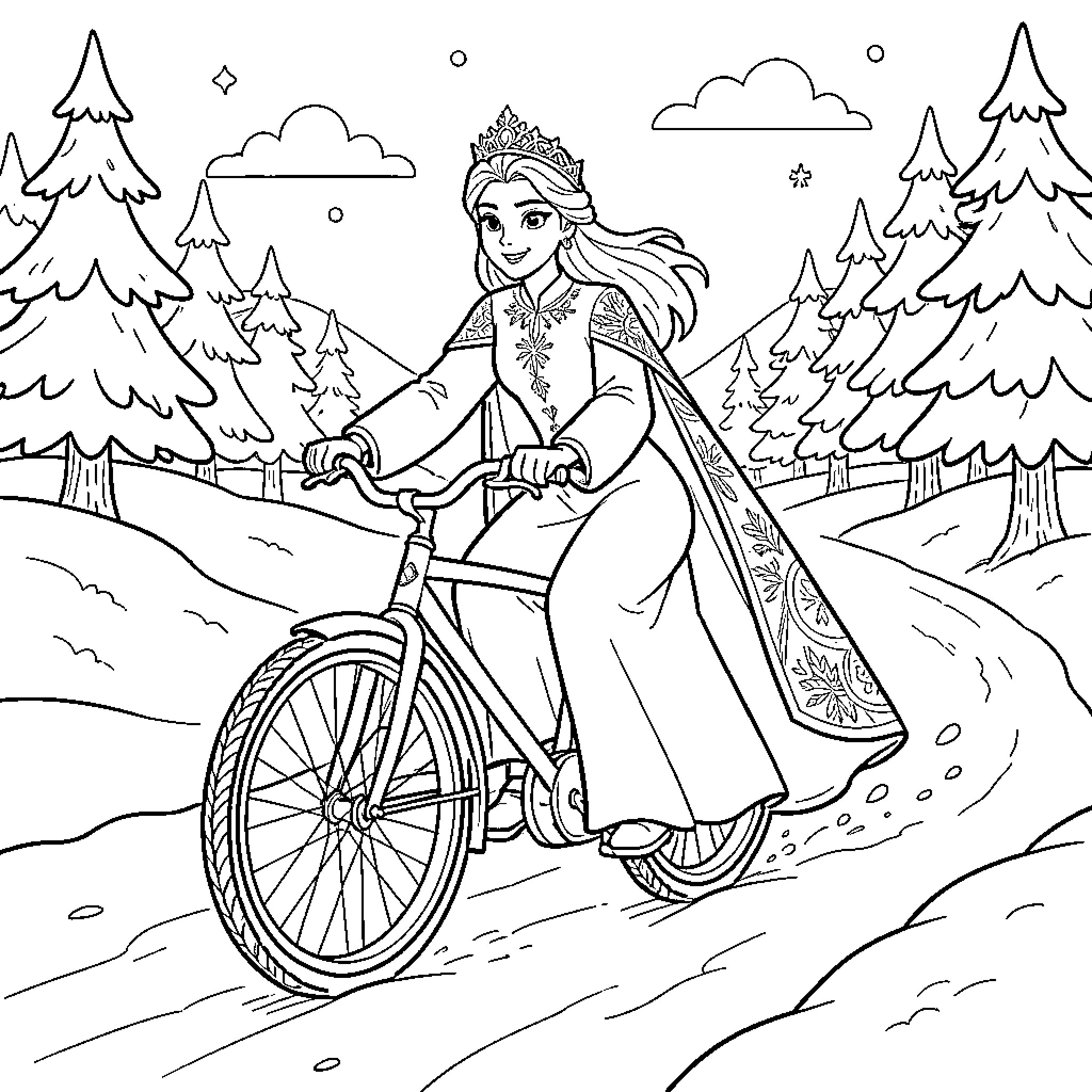 Snow Queen riding a bicycle through a winter forest Coloring Page (free black-and-white line drawing printable PDF for all, from beginners to advanced learners, including children, teens, adults, and seniors)