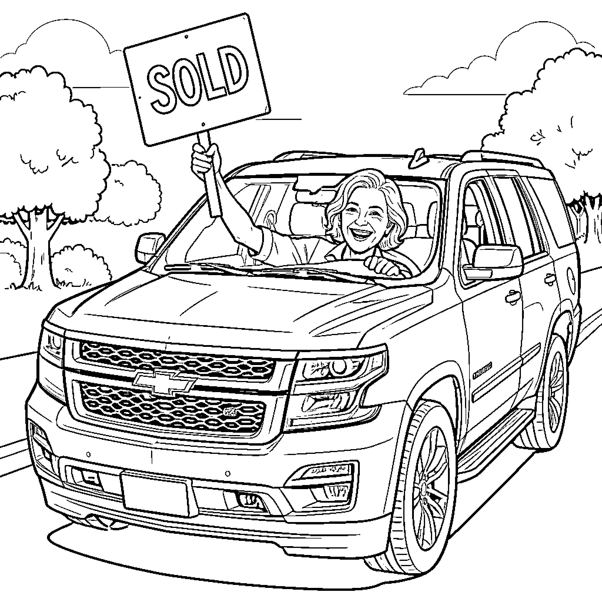 Woman celebrating successful vehicle sale with 'Sold' sign Coloring Page (free black-and-white line drawing printable PDF for all, from beginners to advanced learners, including children, teens, adults, and seniors)
