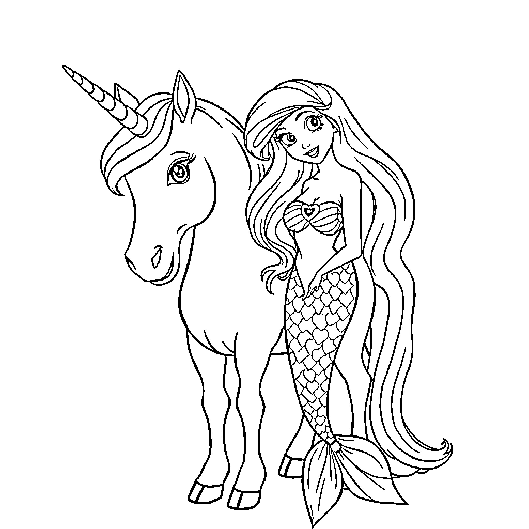 Ariel the mermaid posing with a unicorn Coloring Page (free black-and-white line drawing printable PDF for all, from beginners to advanced learners, including children, teens, adults, and seniors)