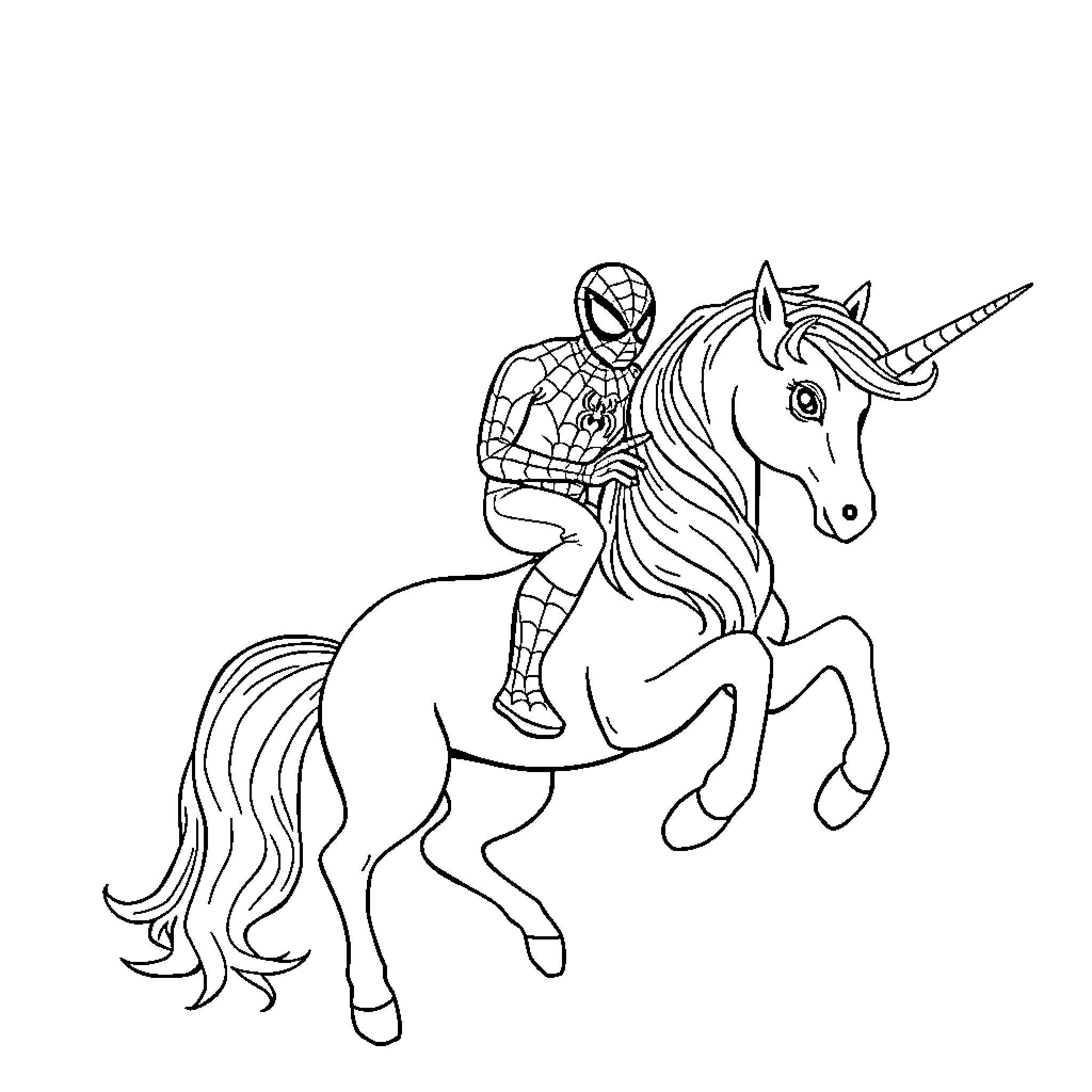Spiderman riding a magical unicorn Coloring Page (free black-and-white line drawing printable PDF for all, from beginners to advanced learners, including children, teens, adults, and seniors)