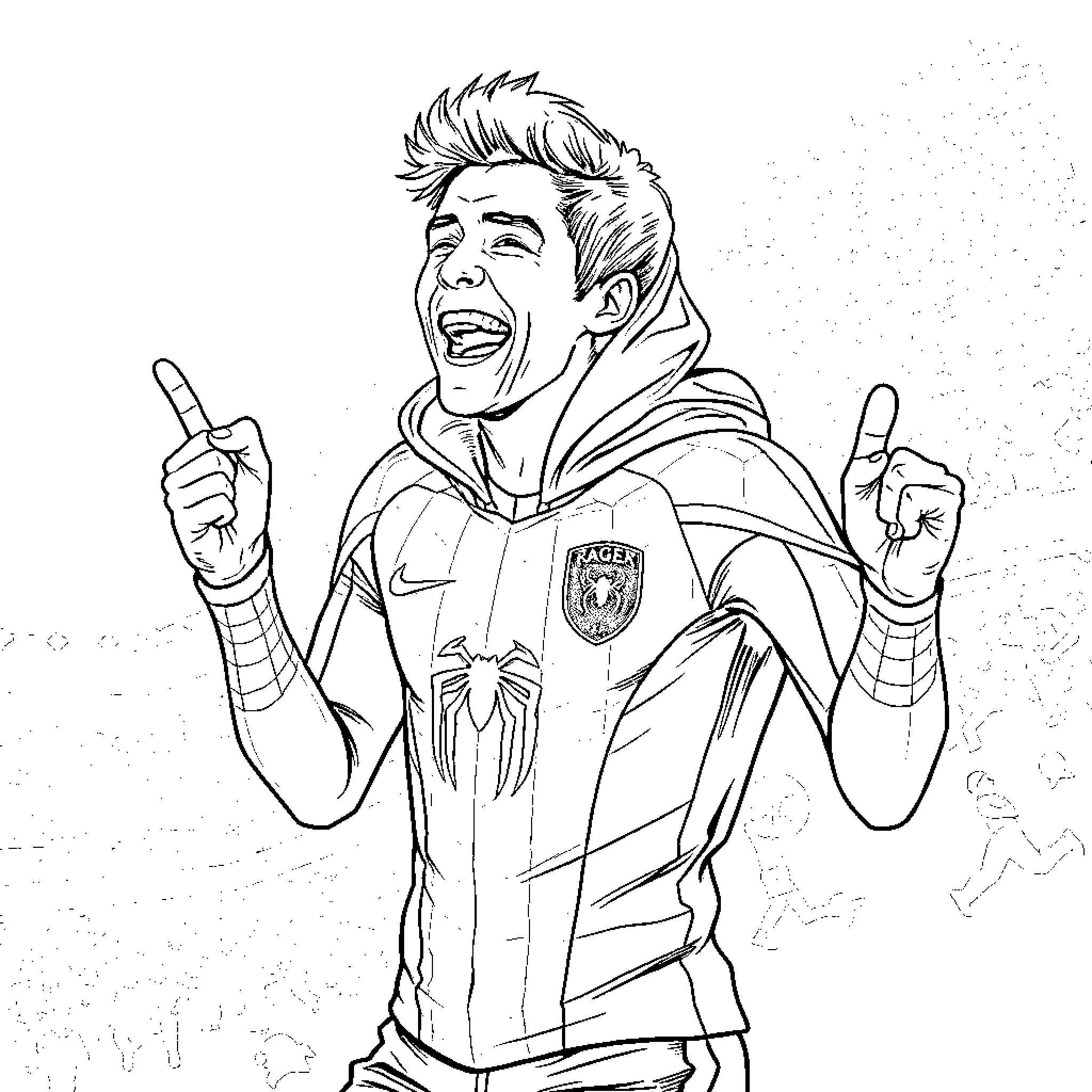 Julian Alvarez celebrating with excitement in sports jersey Coloring Page (free black-and-white line drawing printable PDF for all, from beginners to advanced learners, including children, teens, adults, and seniors)