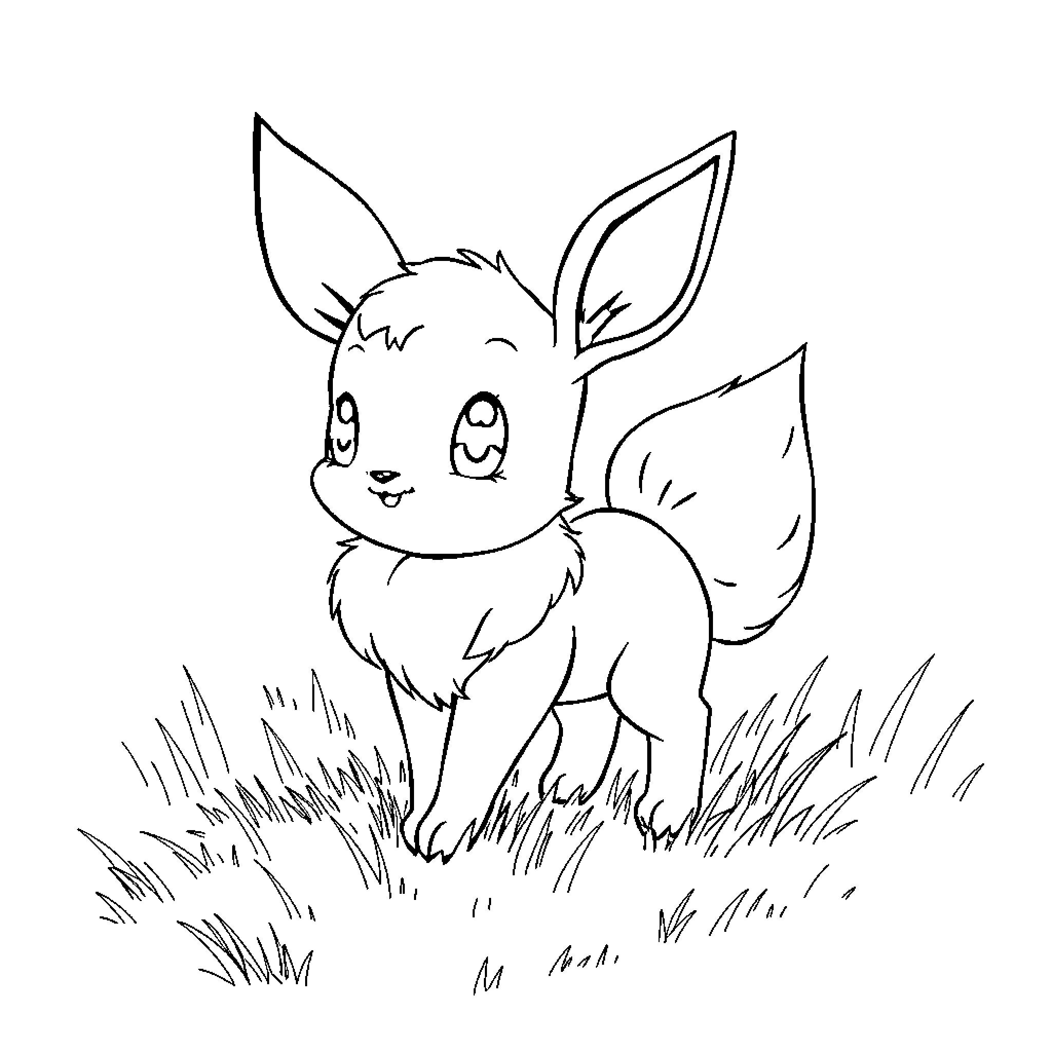 Eevee exploring a grassy field Coloring Page (free black-and-white line drawing printable PDF for all, from beginners to advanced learners, including children, teens, adults, and seniors)