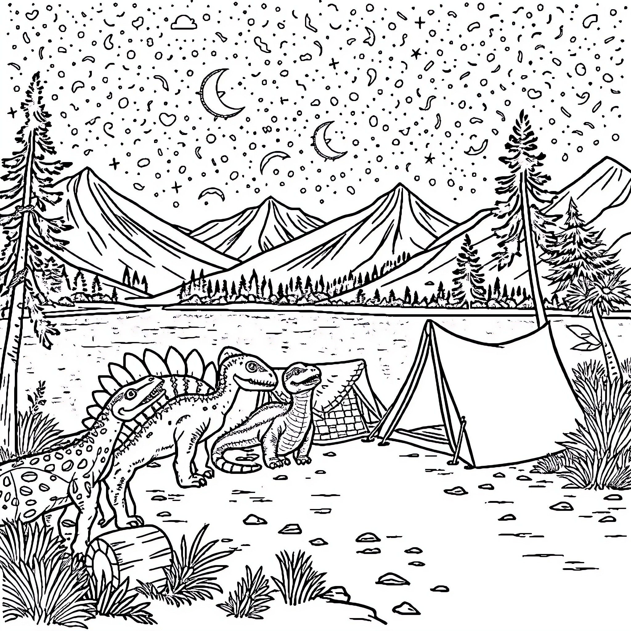 Dinosaur adventure in the starry mountain camp Coloring Page (free black-and-white line drawing printable PDF for all, from beginners to advanced learners, including children, teens, adults, and seniors)