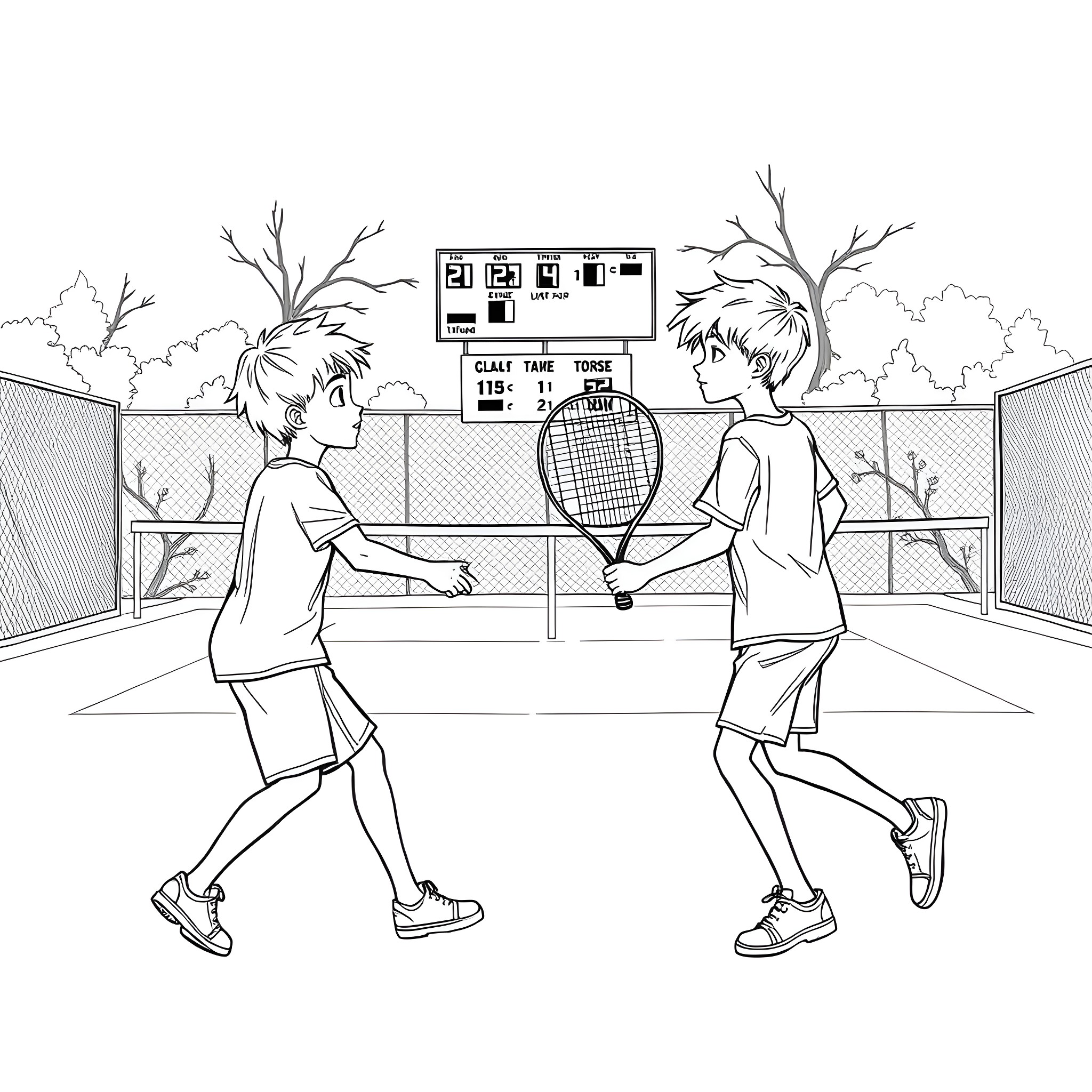 Teen Boys Playing Tennis on the Court Coloring Page (free black-and-white line drawing printable PDF for all, from beginners to advanced learners, including children, teens, adults, and seniors)