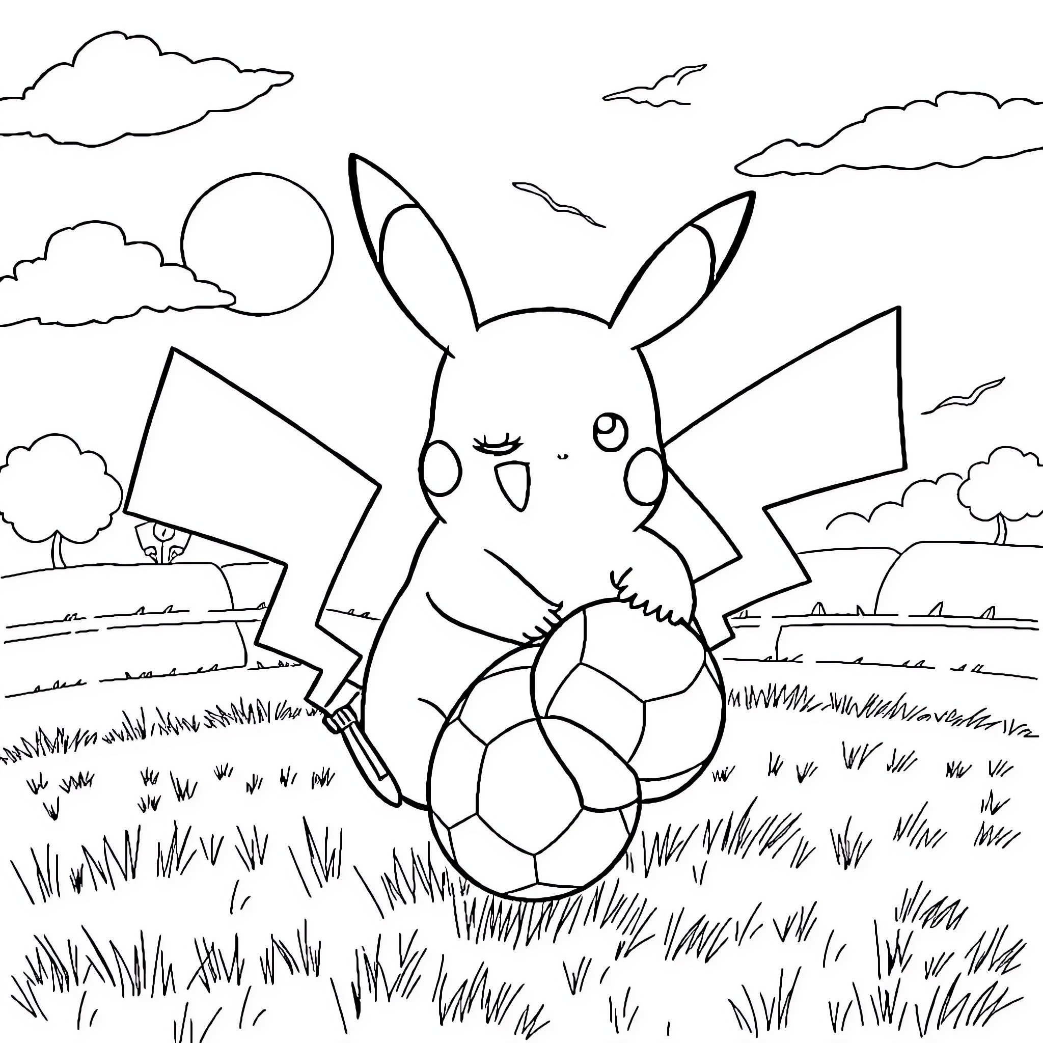 Pikachu playing happily with a soccer ball in the park Coloring Page (free black-and-white line drawing printable PDF for all, from beginners to advanced learners, including children, teens, adults, and seniors)