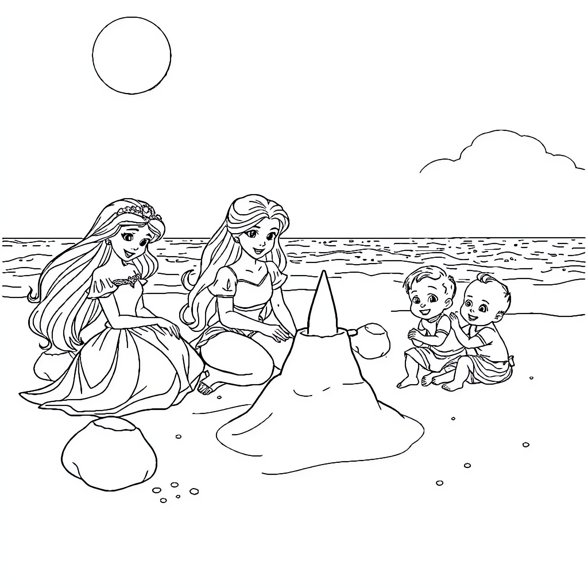 Princess Enjoying a Beach Day with Friends Coloring Page (free black-and-white line drawing printable PDF for all, from beginners to advanced learners, including children, teens, adults, and seniors)