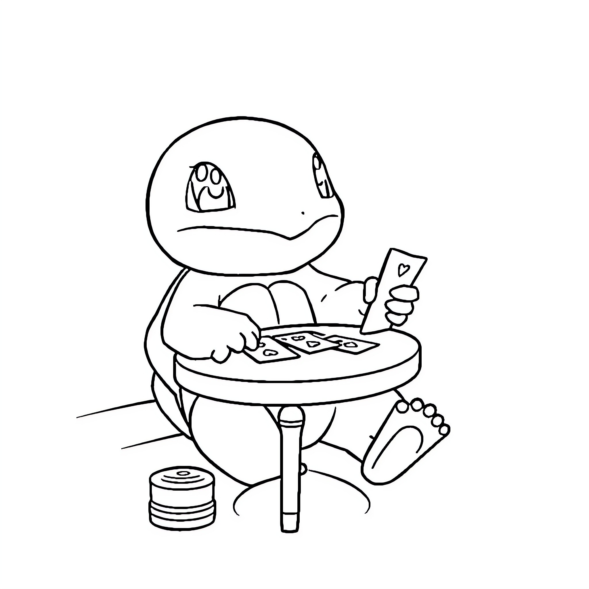 Squirtle enjoying a game on a desk Coloring Page (free black-and-white line drawing printable PDF for all, from beginners to advanced learners, including children, teens, adults, and seniors)